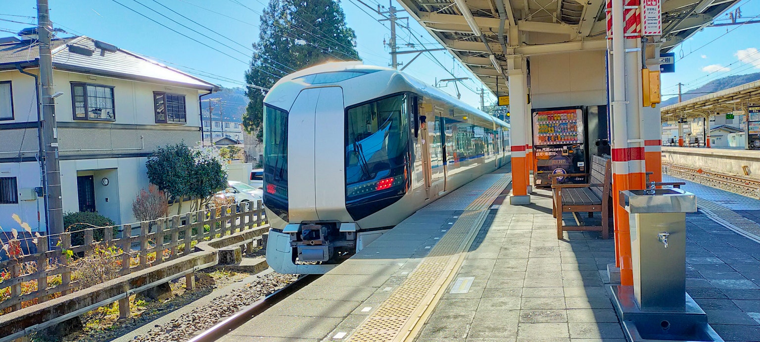Treno moderno fermo in stazione con case circostanti