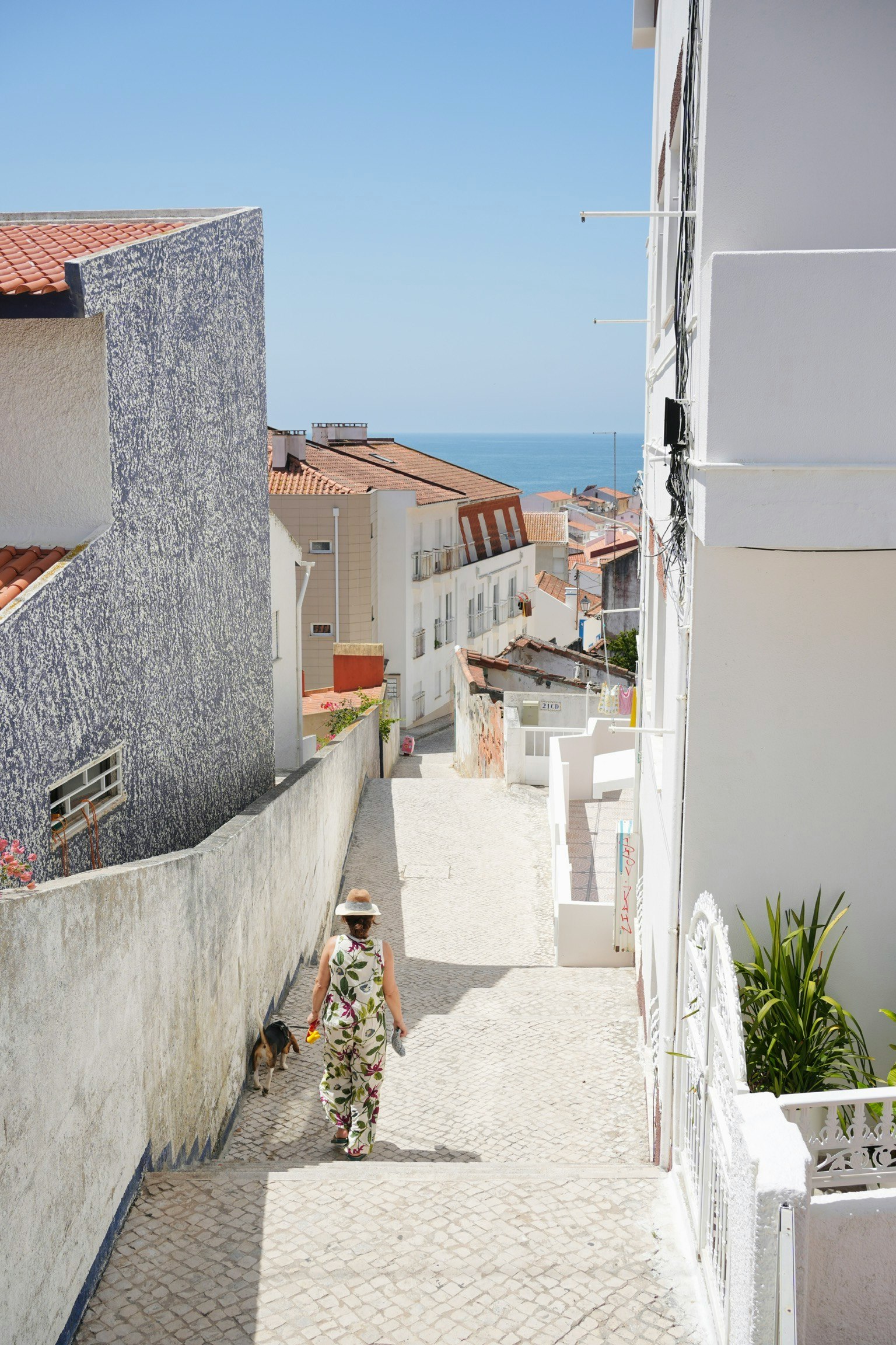Vue pittoresque de bâtiments blancs et d'un chemin en pavés menant à l'océan