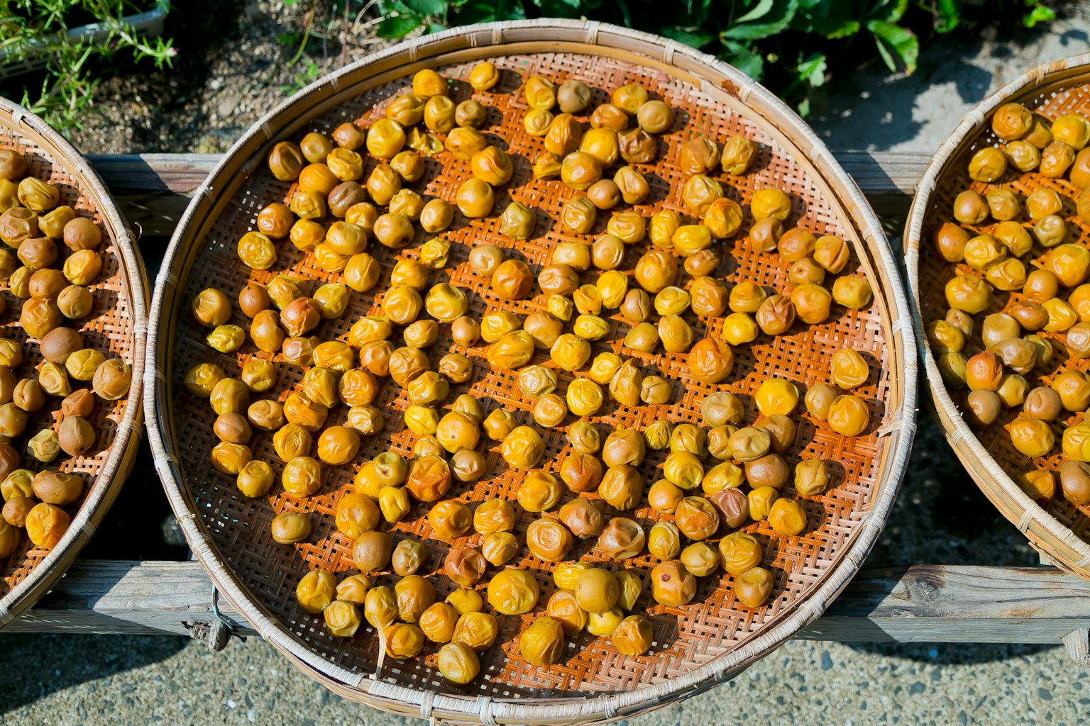 Trái cây khô được sắp xếp trong khay tre