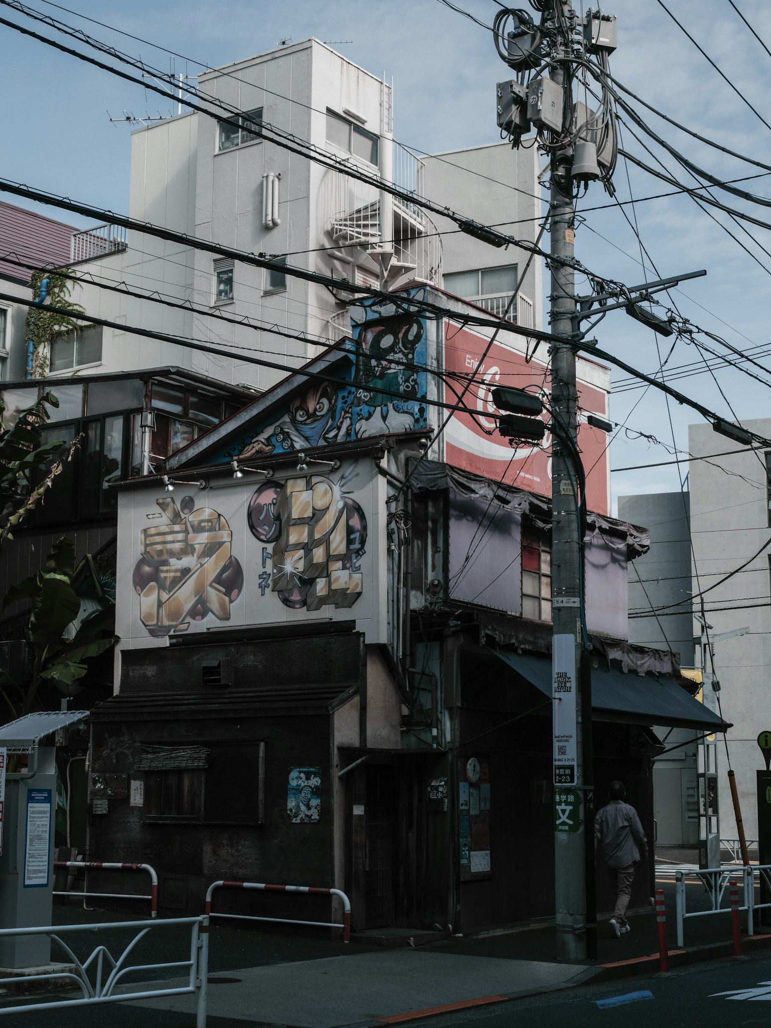 Ancien bâtiment japonais avec des lignes électriques croisées
