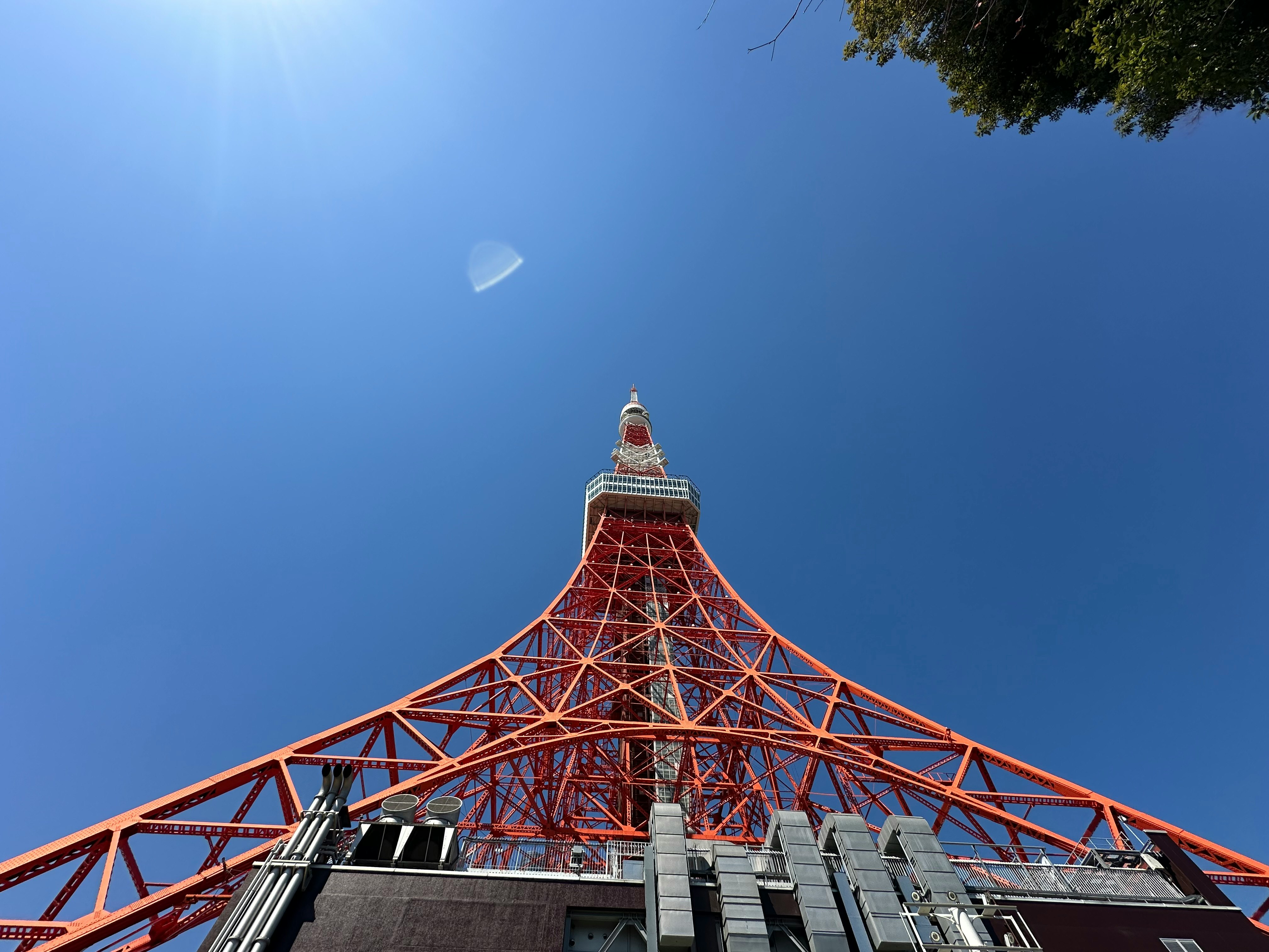 赤い格子状の展望塔と青空の見上げ景色