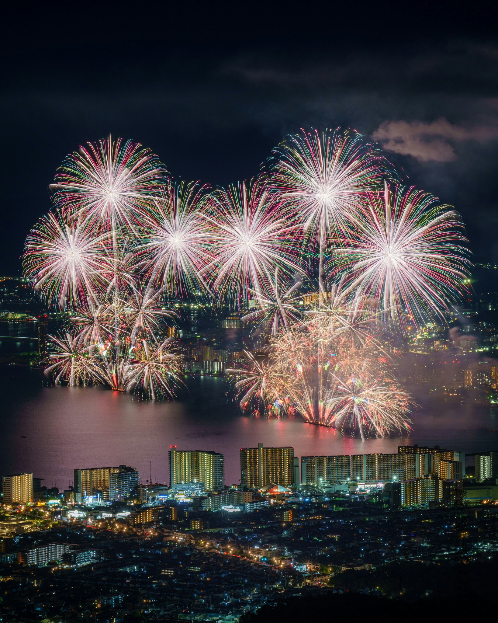 fireworks over a riverside city skyline at night