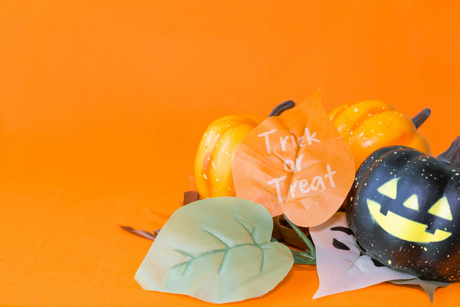 Labu Halloween dan daun tersusun di latar belakang oranye