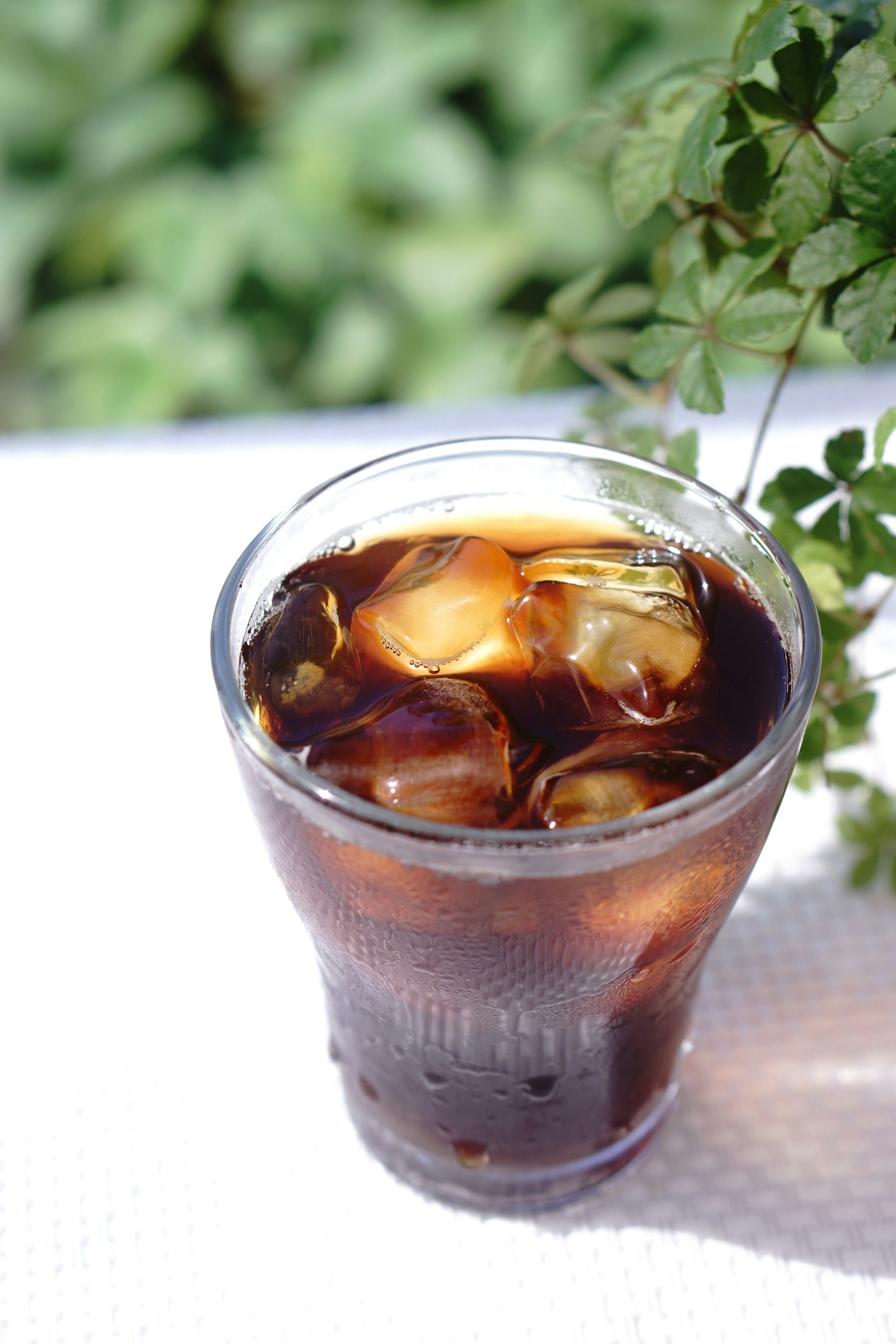 Gelas kopi dingin dengan es dan latar belakang hijau
