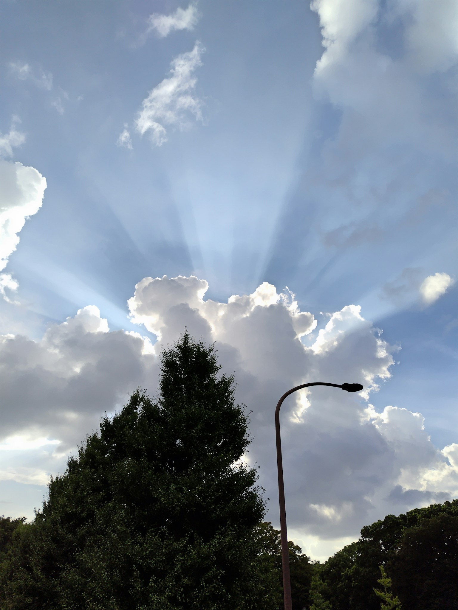 A view of beams of light shining through clouds in a blue sky