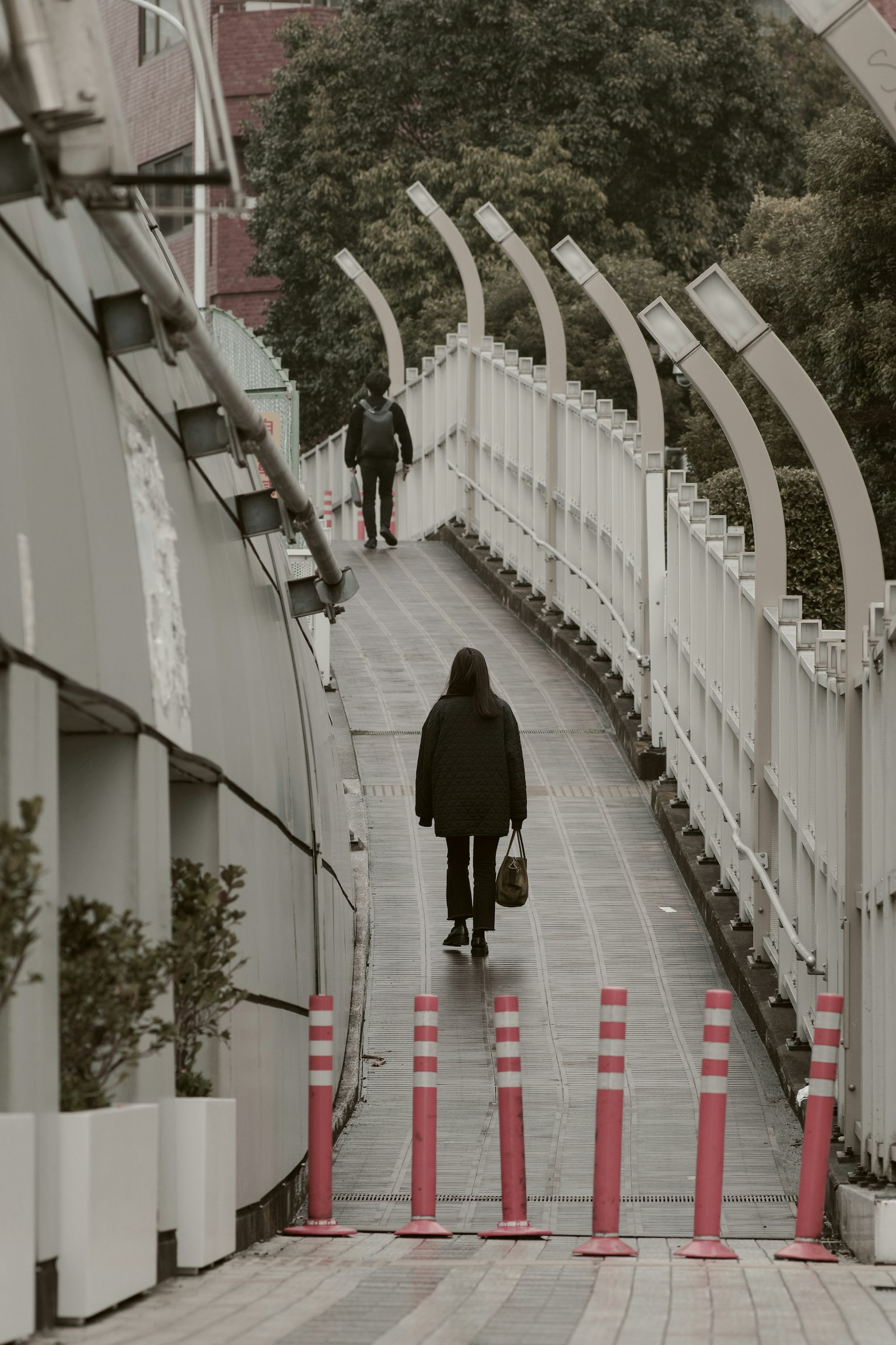 A person walking on a sloped walkway with red barriers and greenery