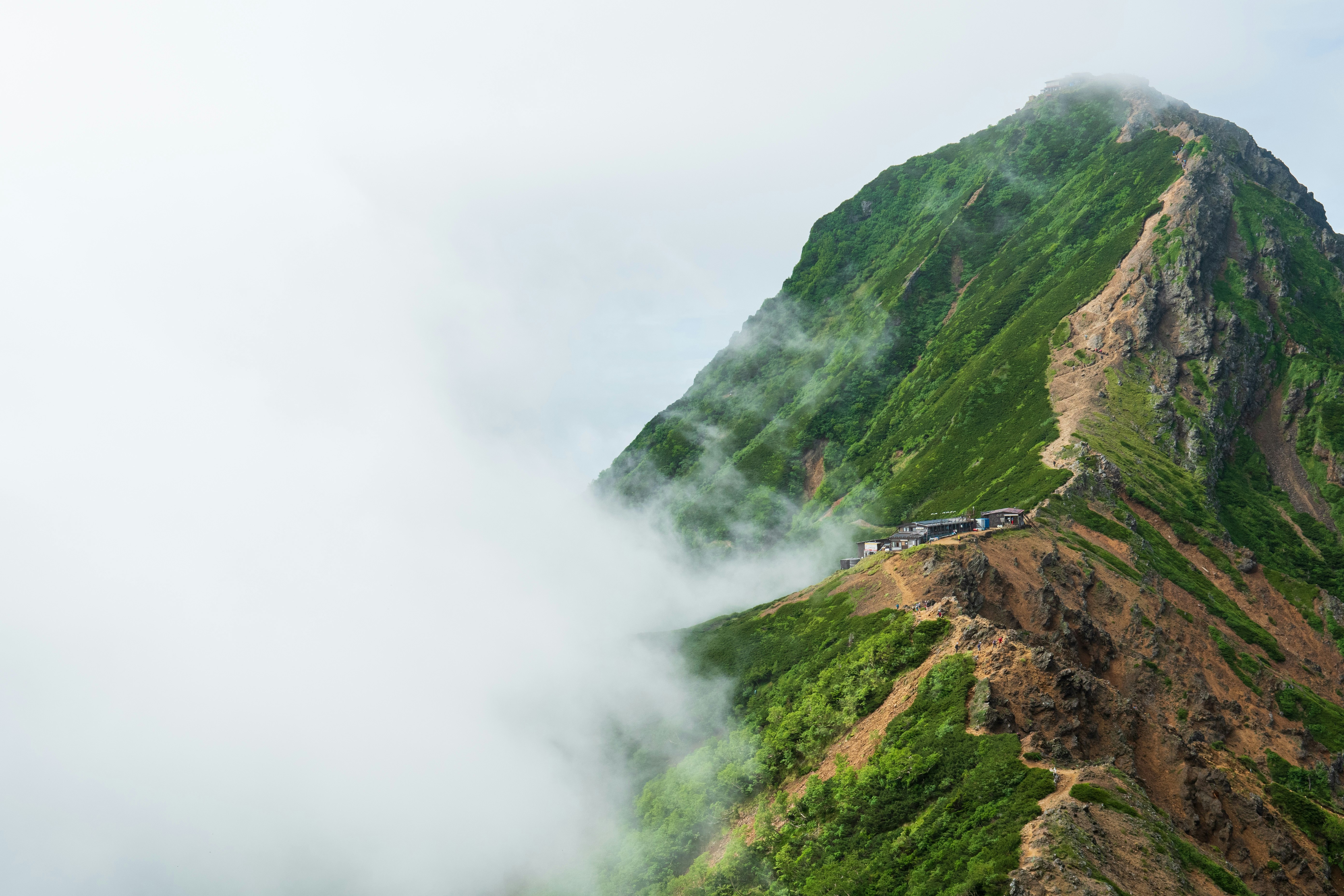 Green mountainside and ridge trail surrounded by mist