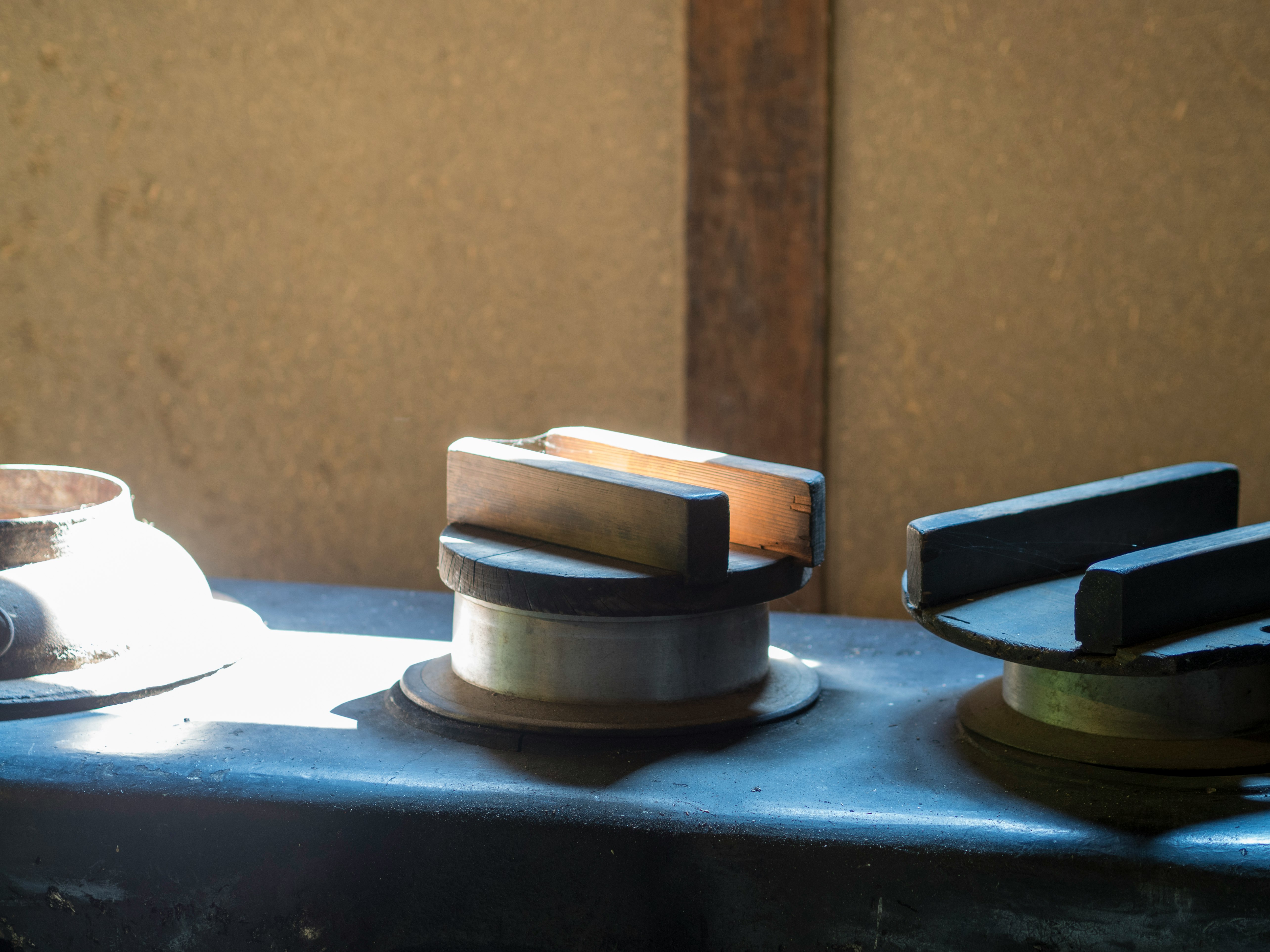 close-up of metal tools on a workbench