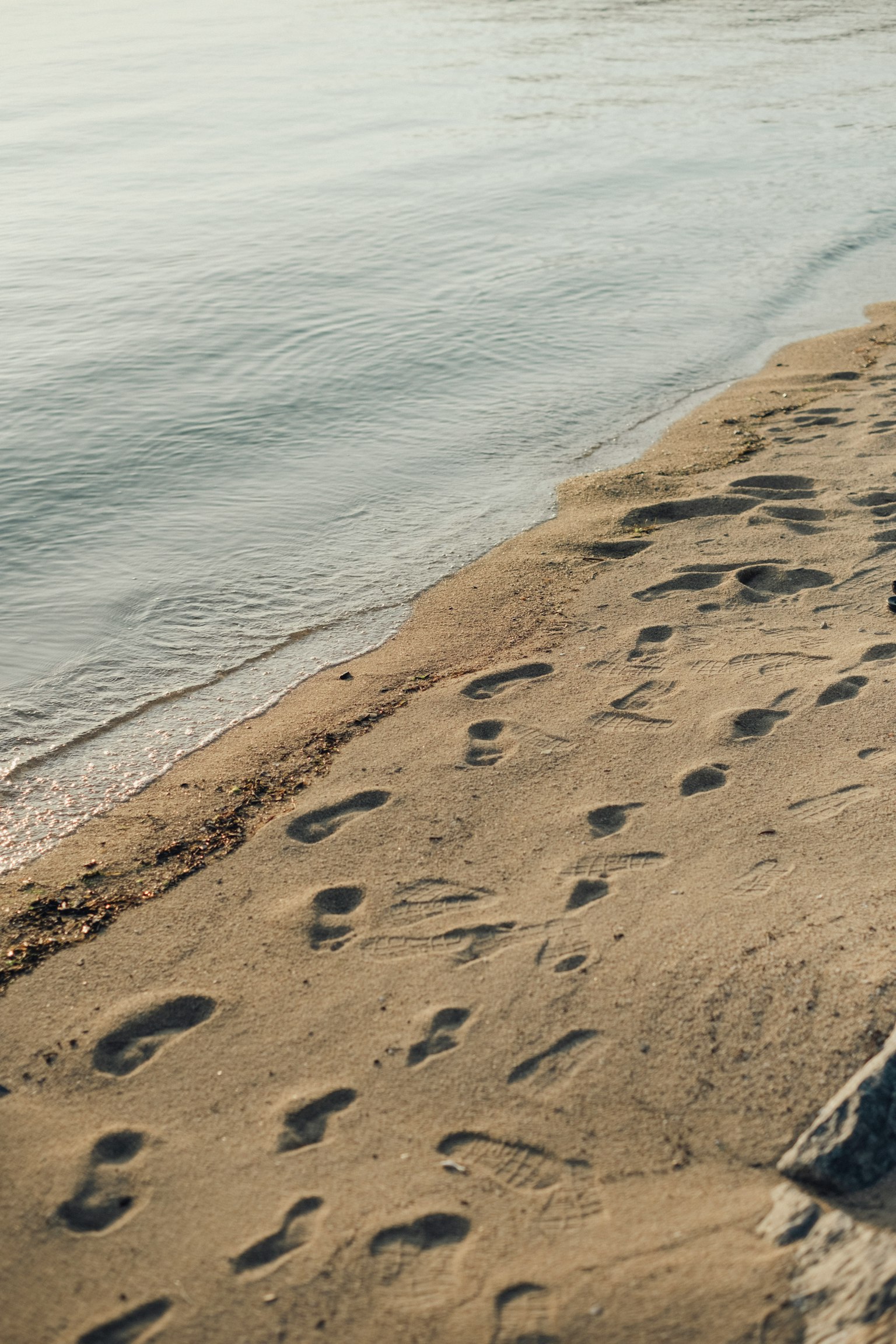 Des empreintes de pas sur une plage de sable près de l'eau calme