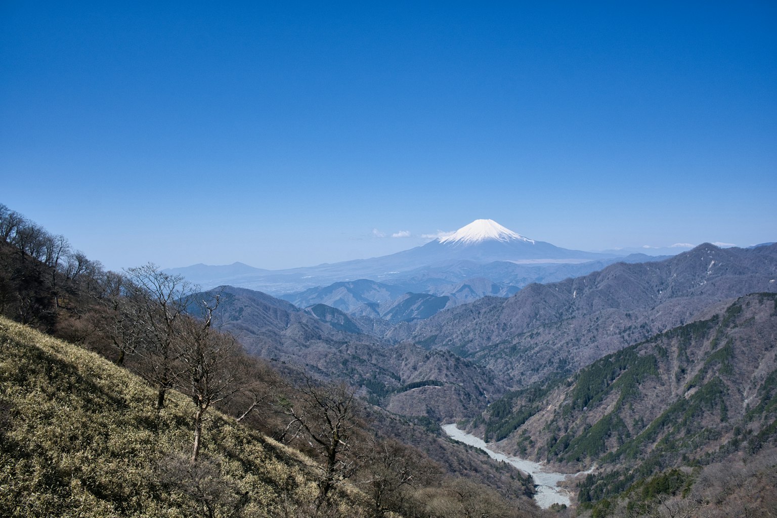 Scenic mountain landscape featuring Mount Fuji clear blue sky and green valleys