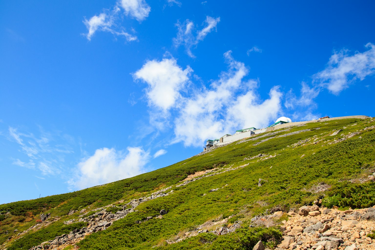 Ein Hang mit grünem Gras unter einem blauen Himmel mit weißen Wolken