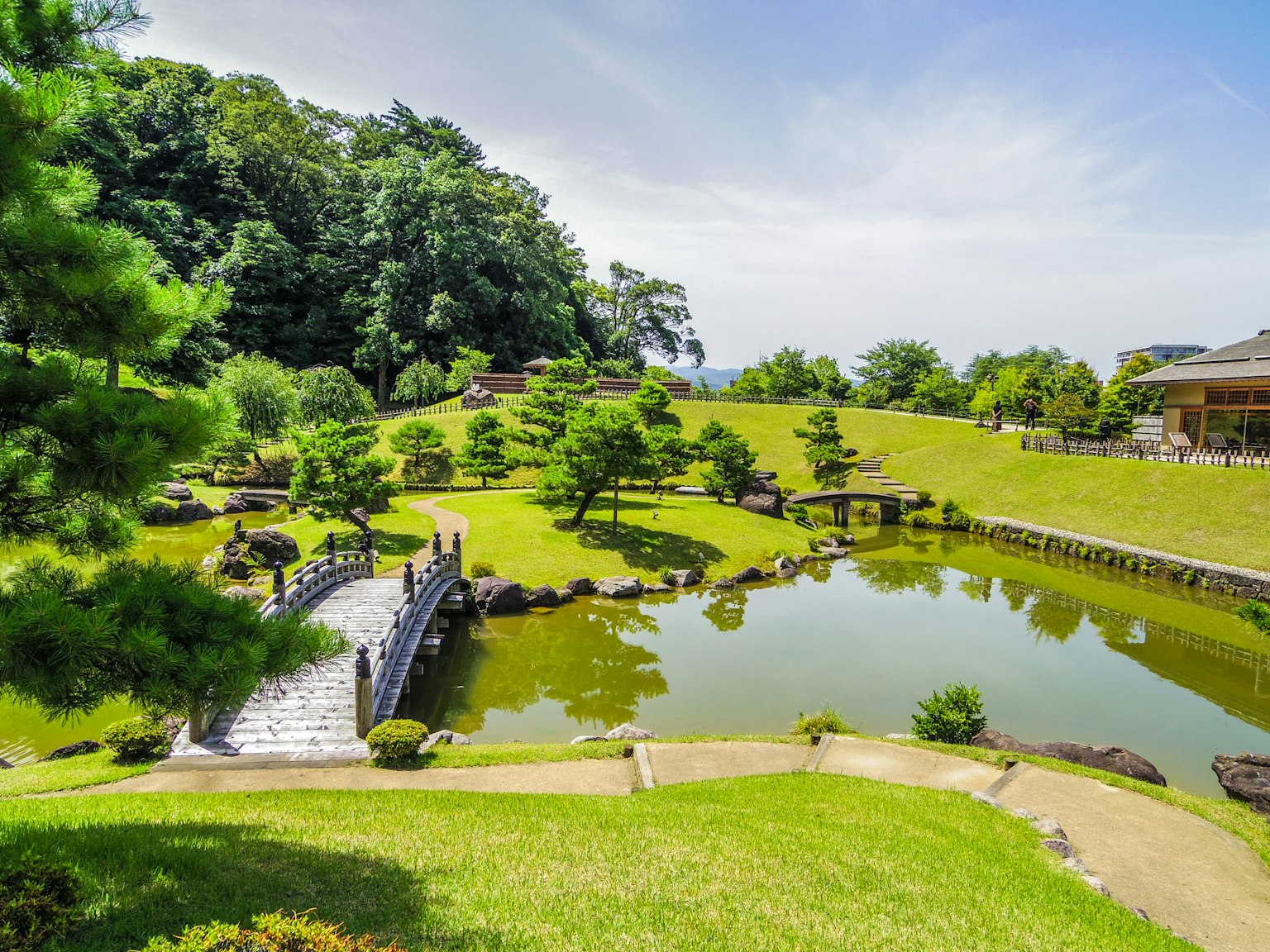 美麗的日本園林景觀，特色是橋和池塘，四周環繞著郁郁蔥蔥的綠意
