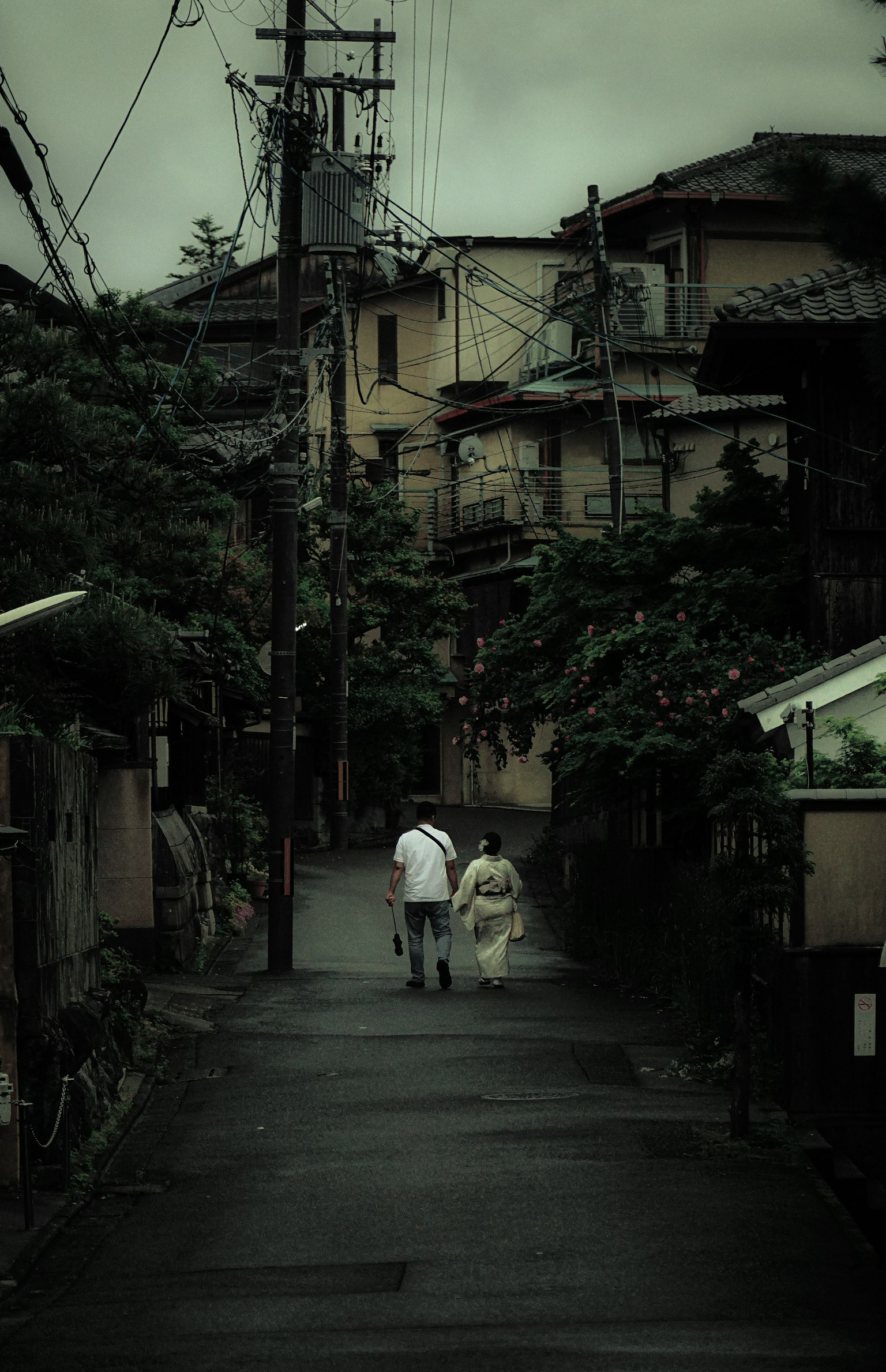 Two figures walking down a quiet street with old houses in the background