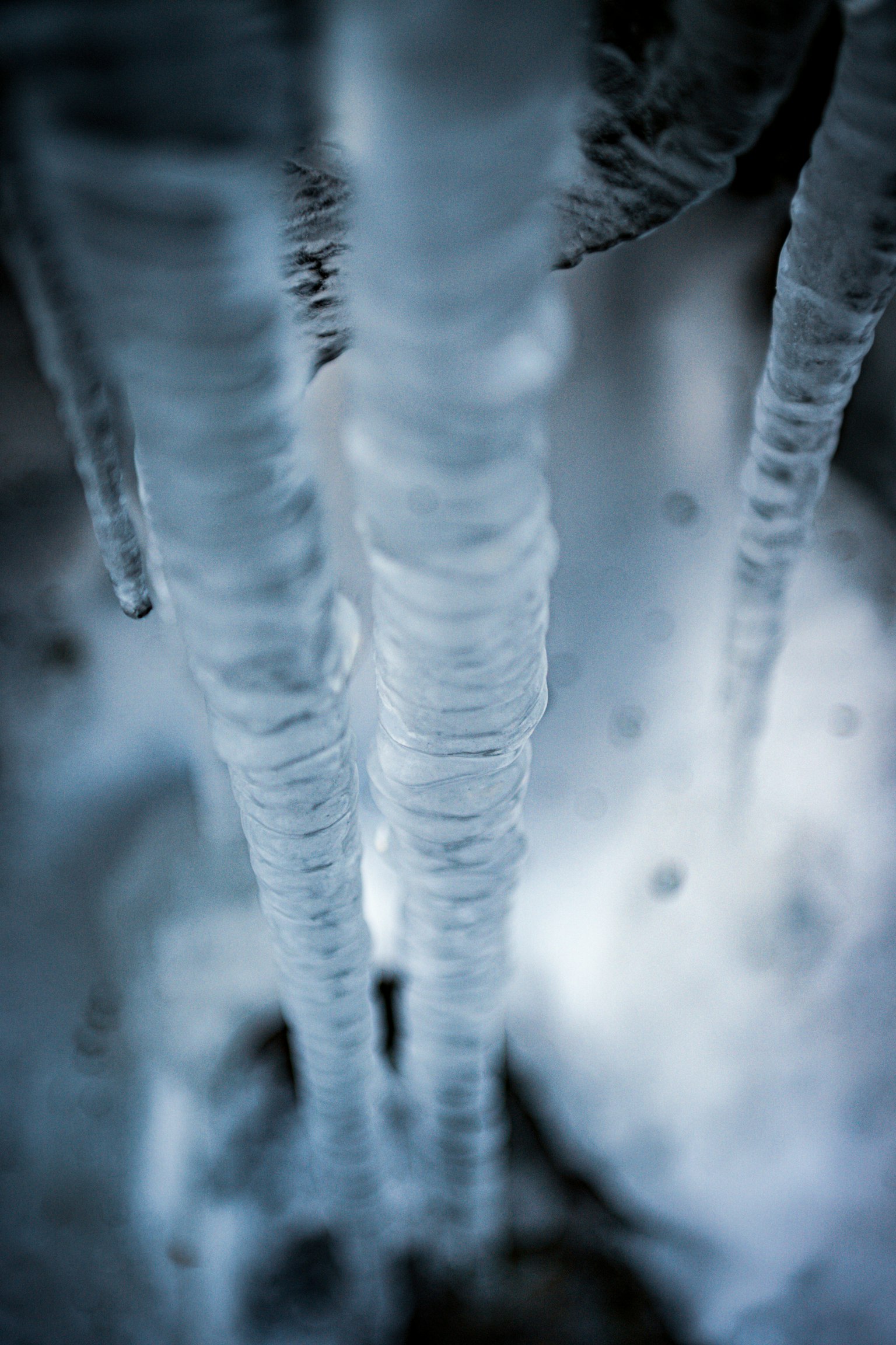 Nahaufnahme von hängenden Eiszapfen mit blauem Hintergrund