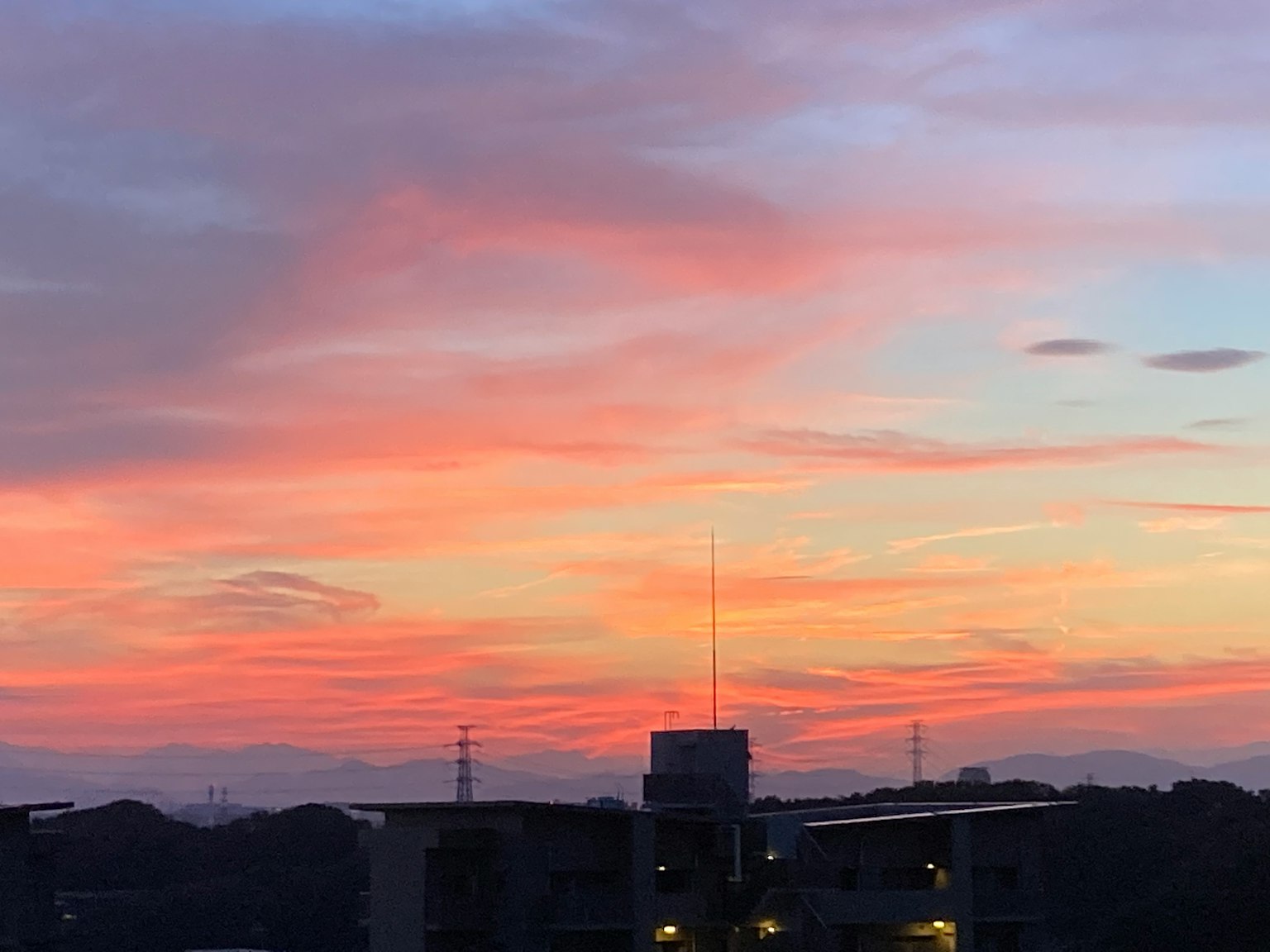 아름다운 석양 하늘 화려한 색상 건물 실루엣이 보임