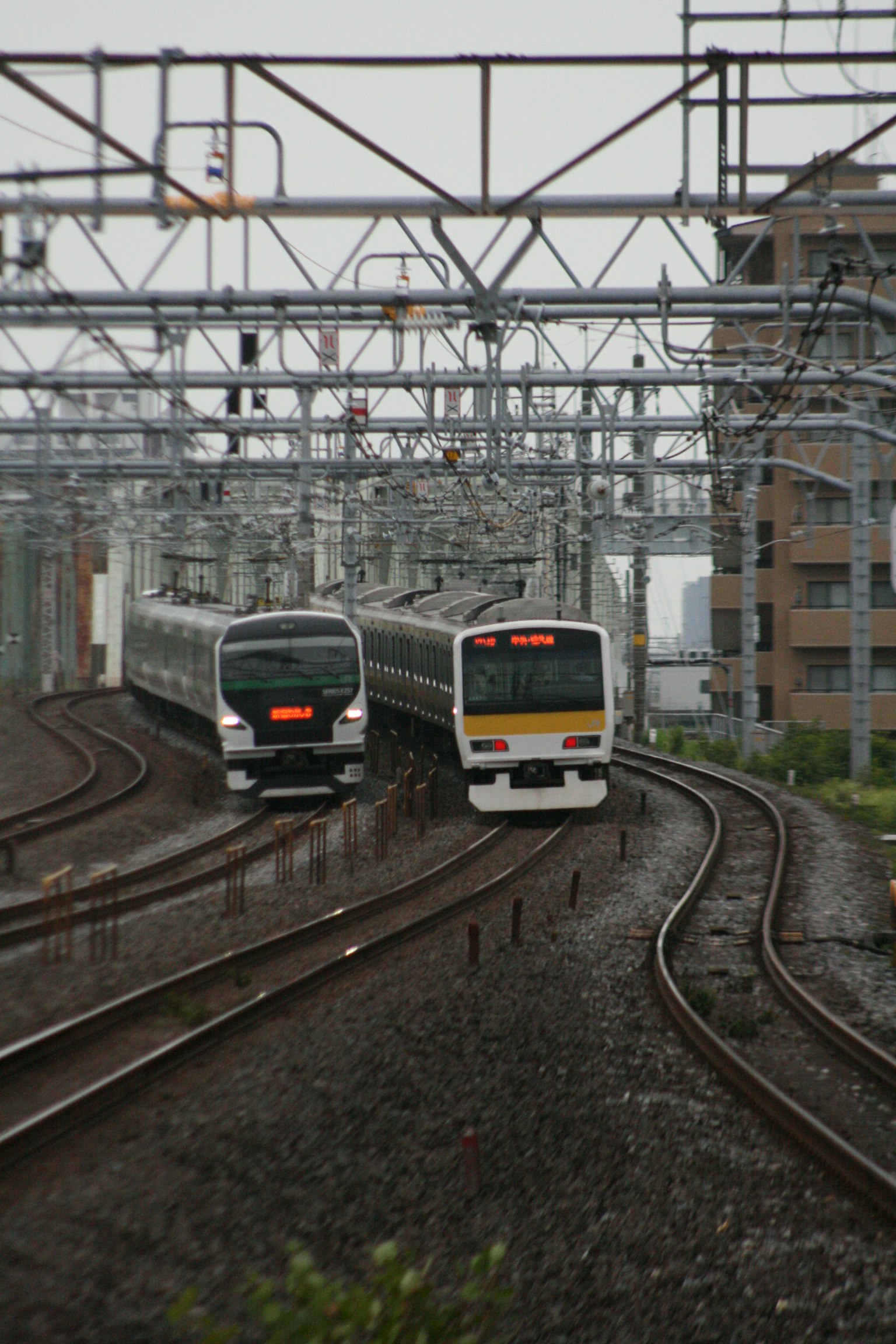 รถไฟสองขบวนที่ข้ามกันบนรางโค้ง