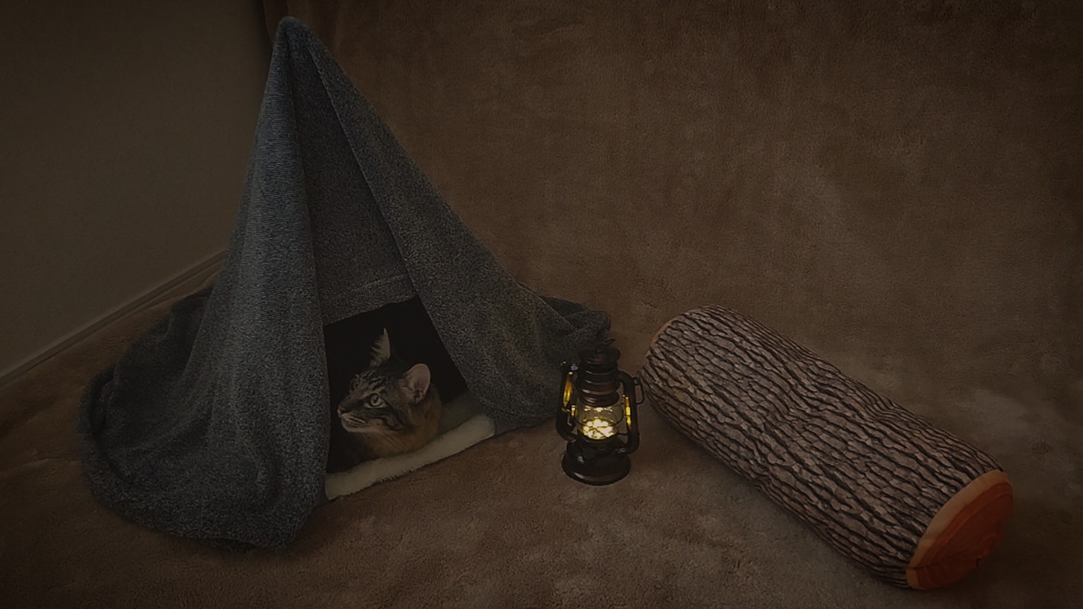 A small tent made of blue fabric in a dim room with a lantern nearby and a log-patterned cushion on the side