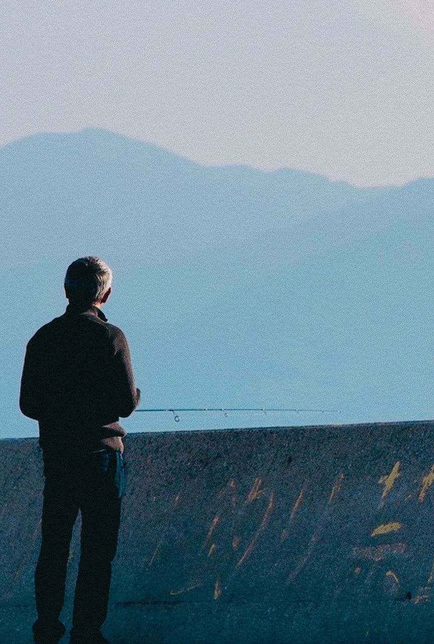 男性が山々を見つめる風景
