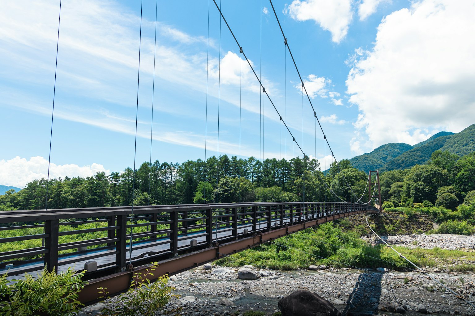 Ponte sospeso che attraversa un fiume con montagne verdi e cielo azzurro