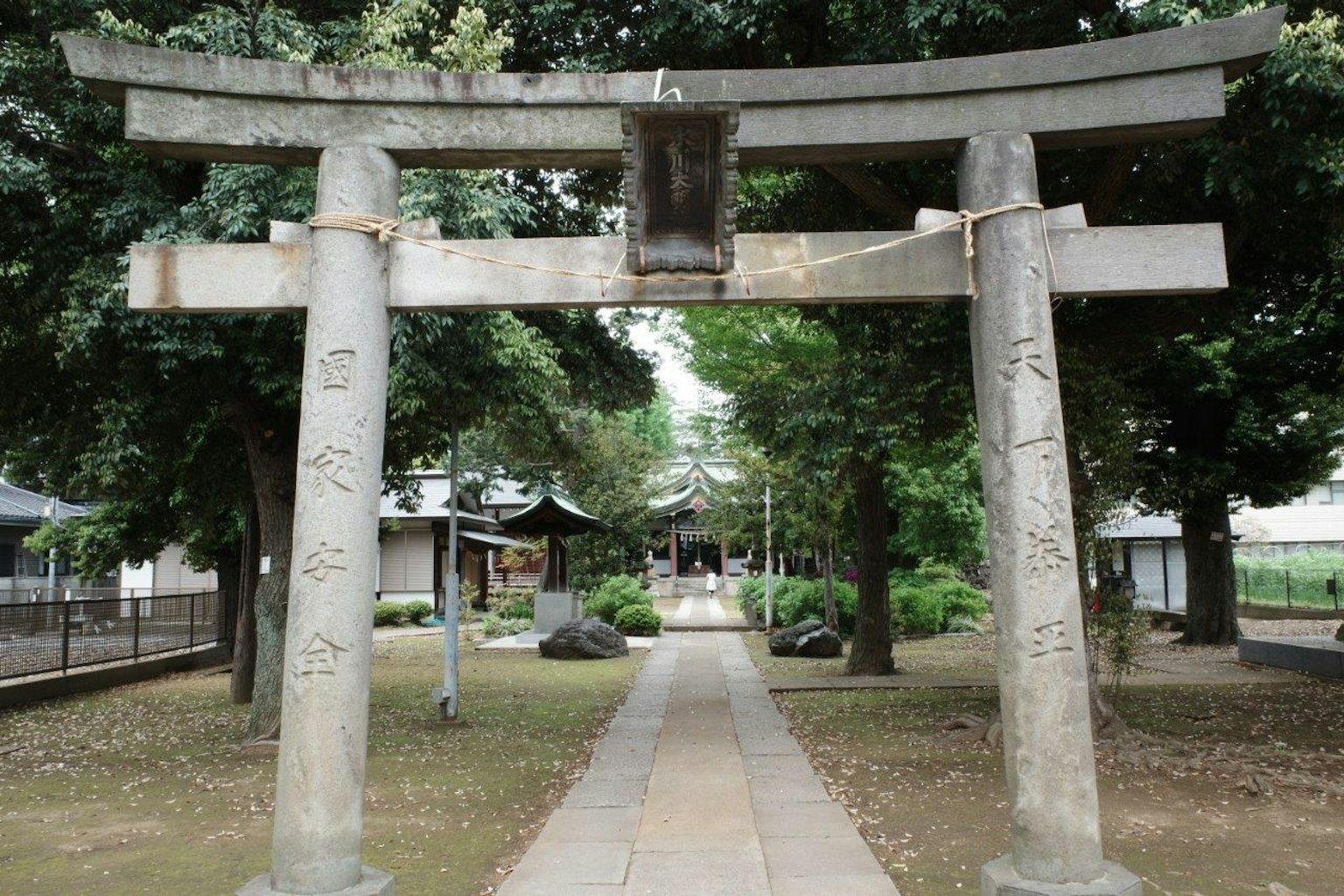 神社入口的石制鸟居被绿色树木环绕的小路