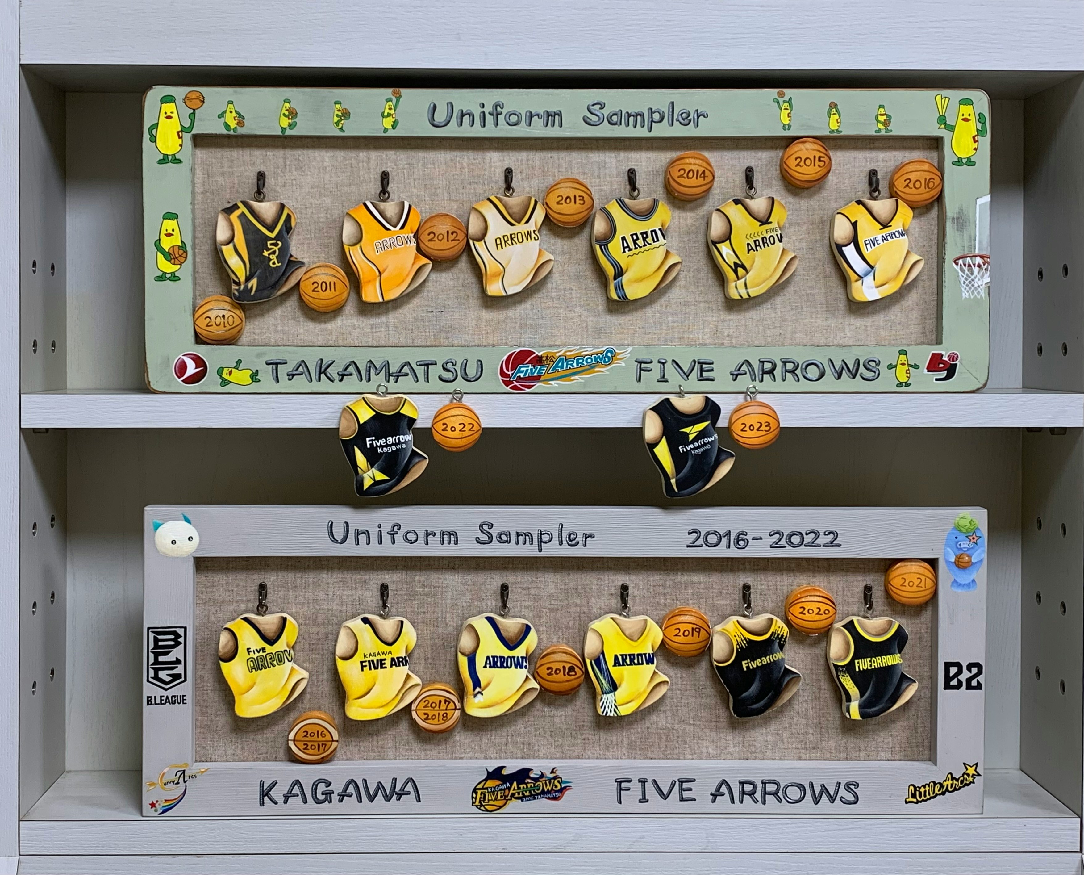 Basketball uniform display in a showcase wall in Takamatsu