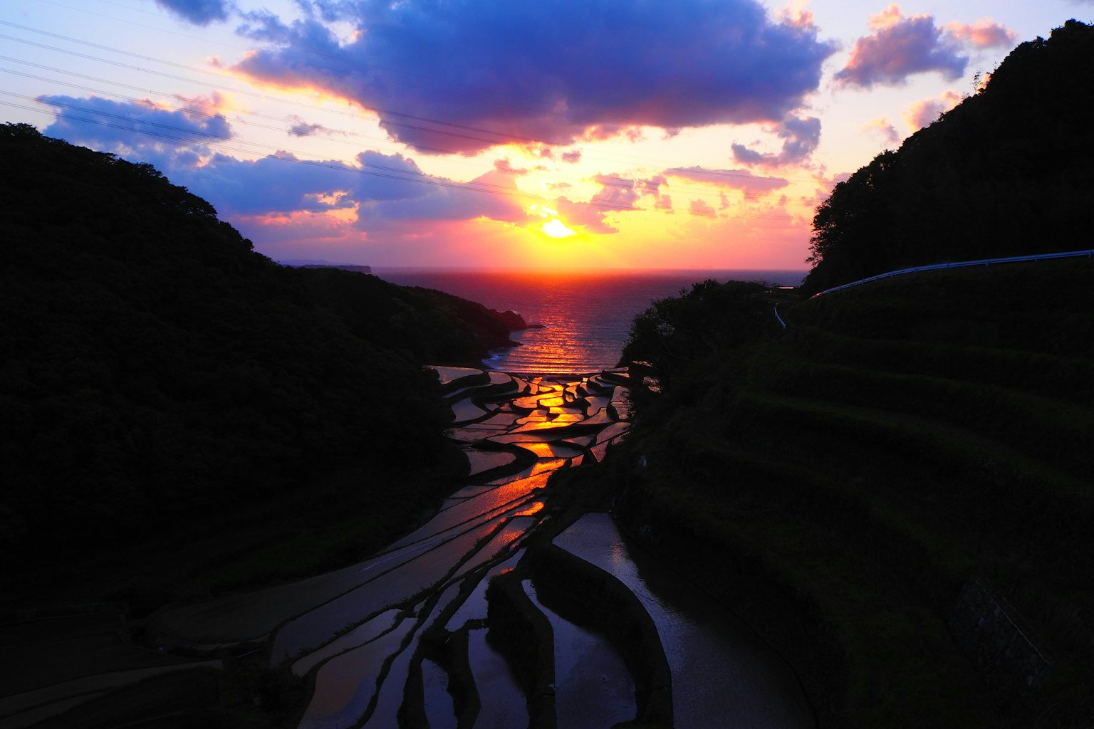 Stupendo paesaggio di campi terrazzati al tramonto sul mare