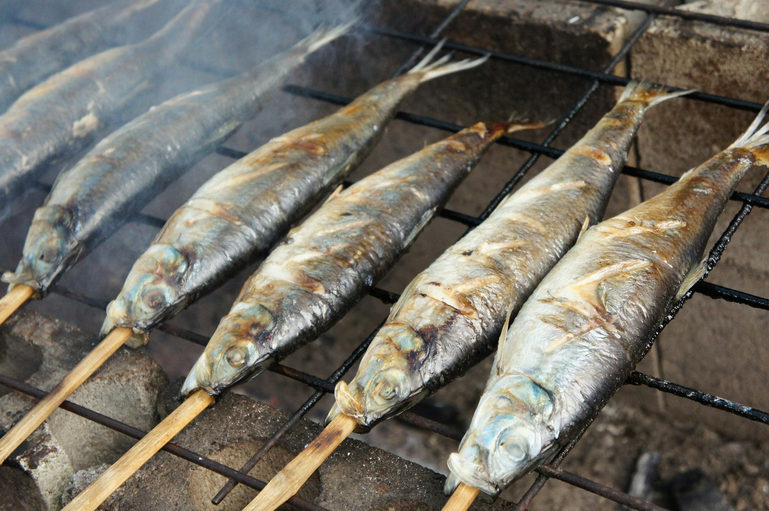 Grilled fish skewers over charcoal