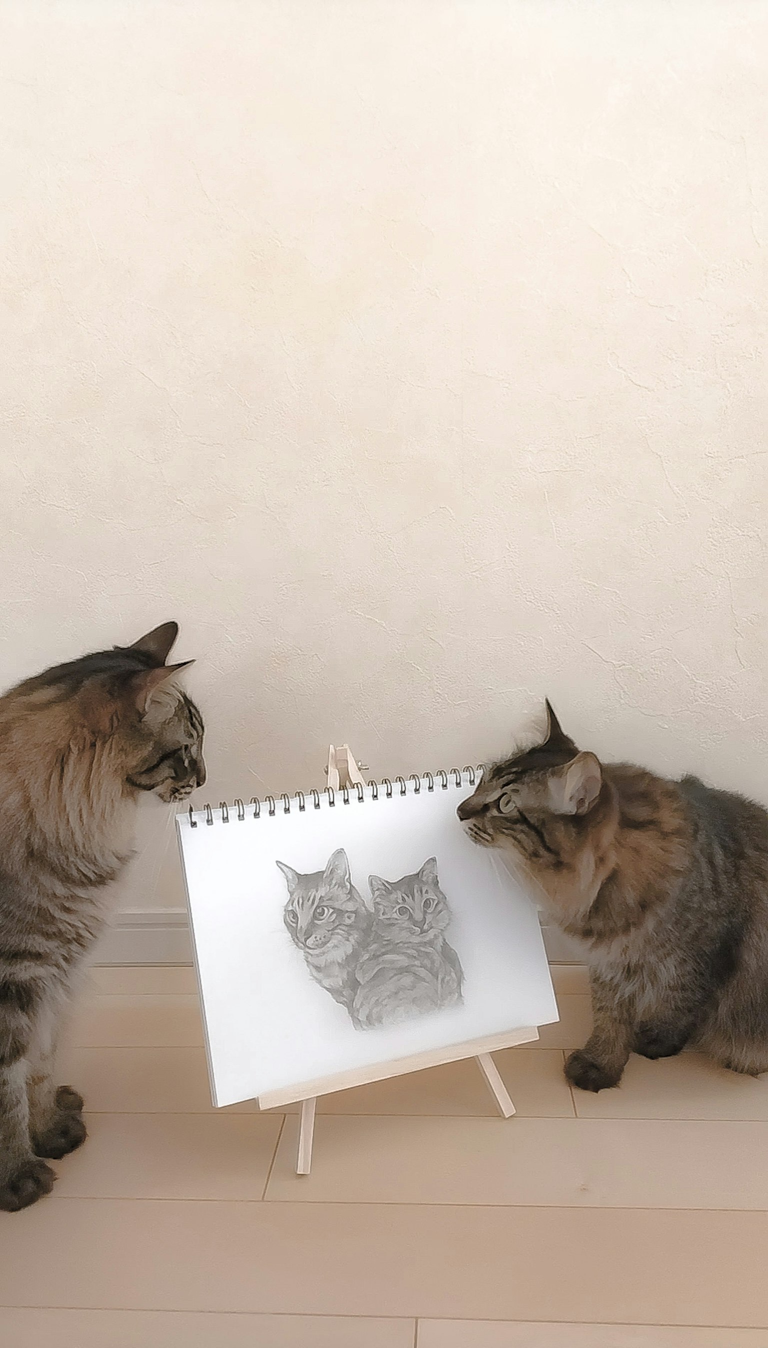 Deux chats regardant un croquis d'un chat