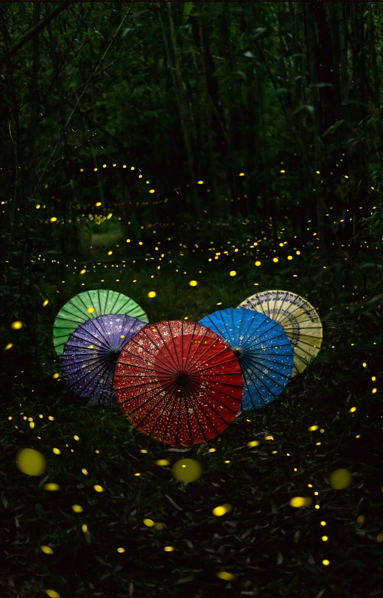 Colorful umbrellas placed among glowing fireflies