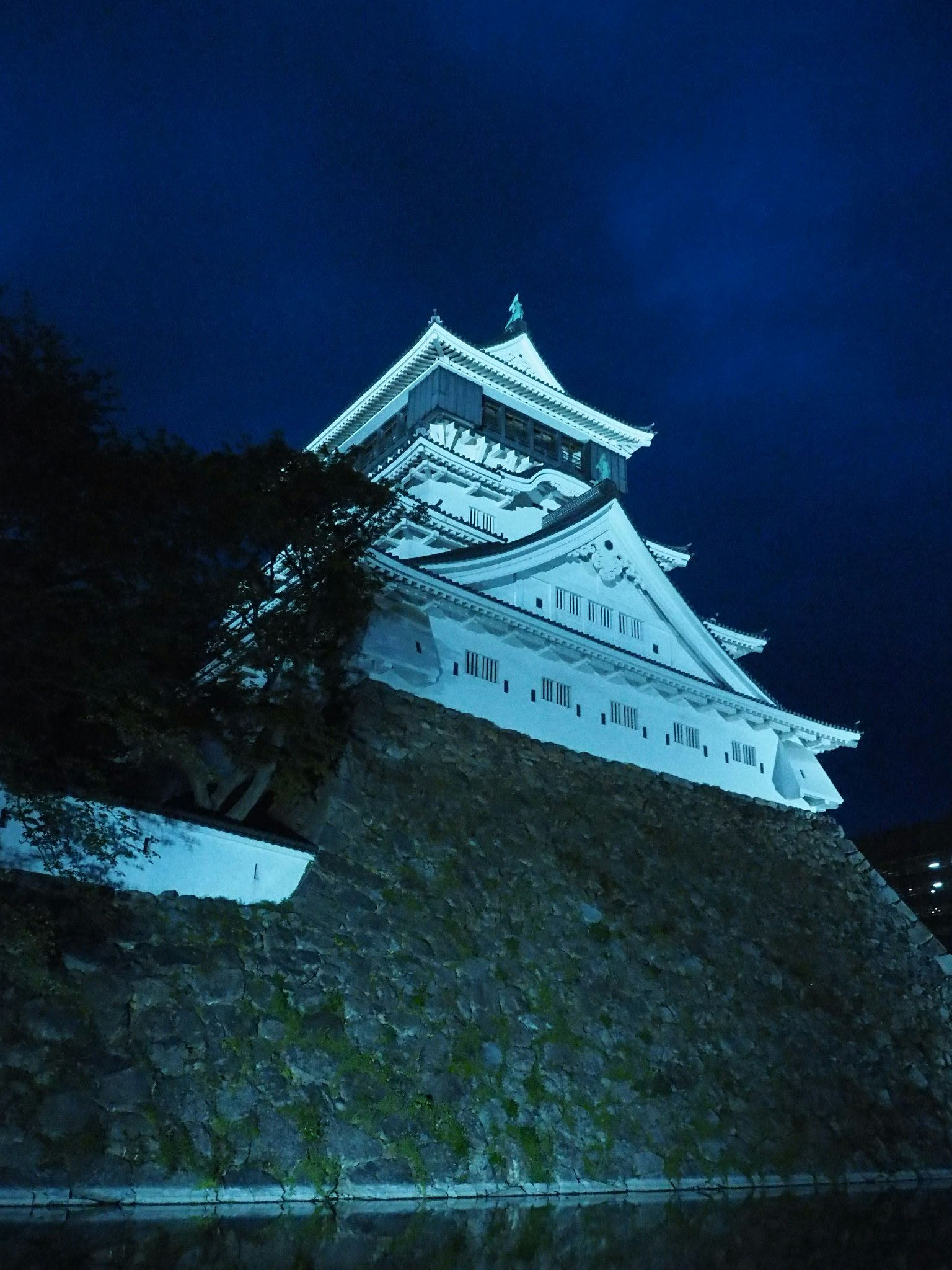 夜晚被藍光照亮的日本城堡美麗外觀