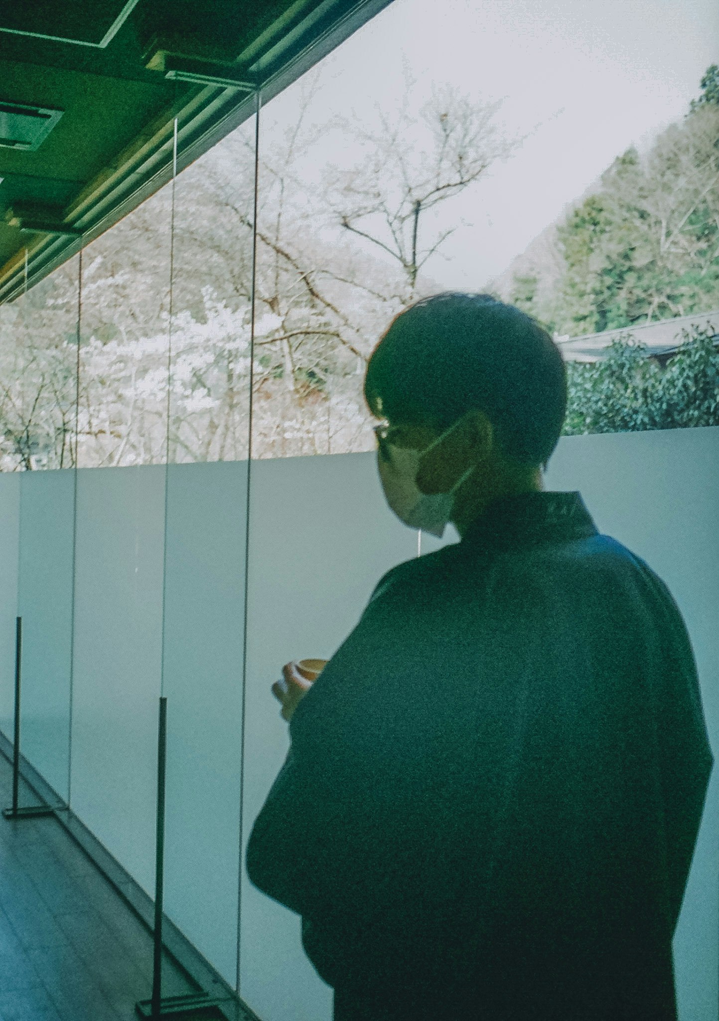 back view of a person standing in a glass-walled corridor