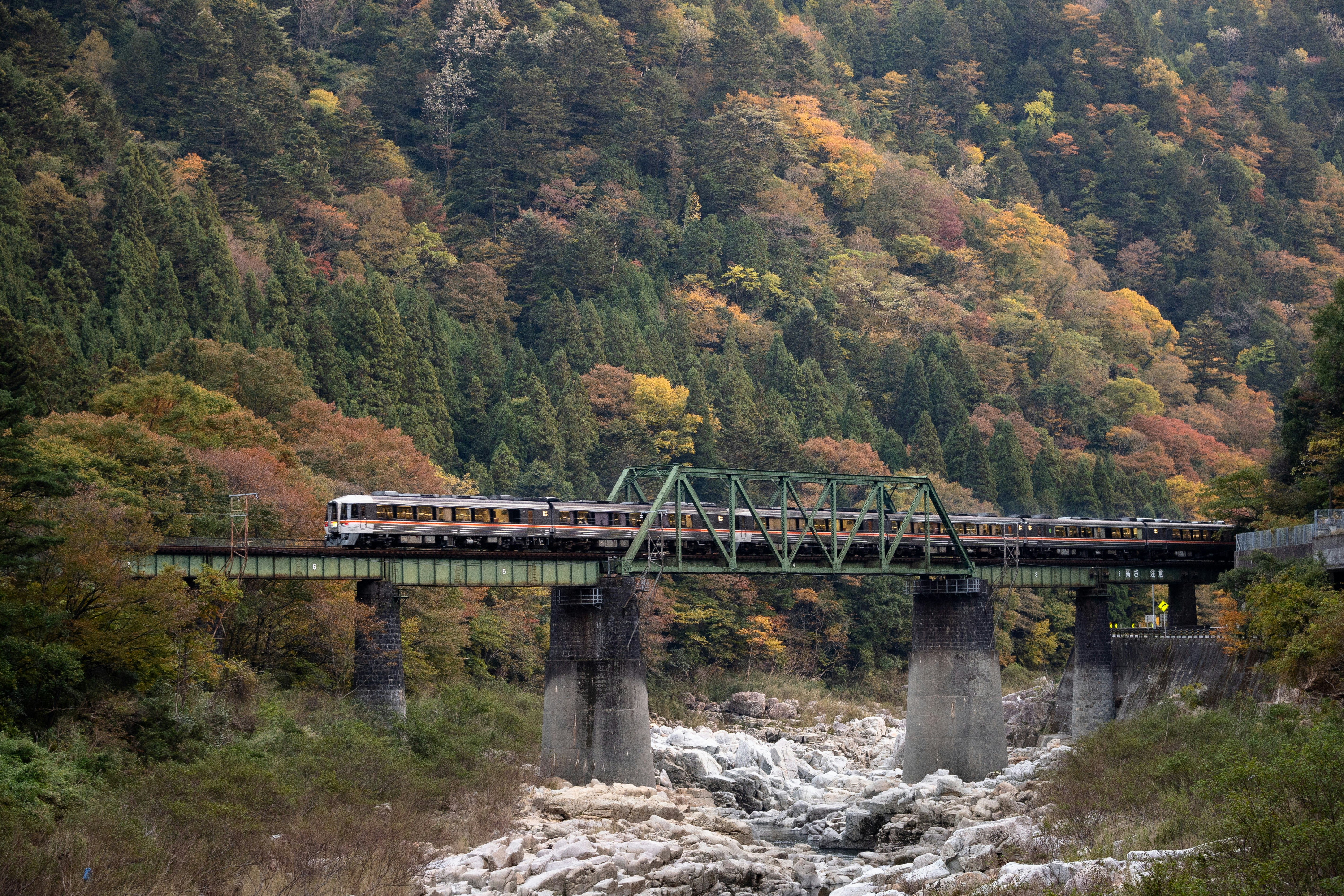 渓谷を渡る鉄橋を走る列車のある風景