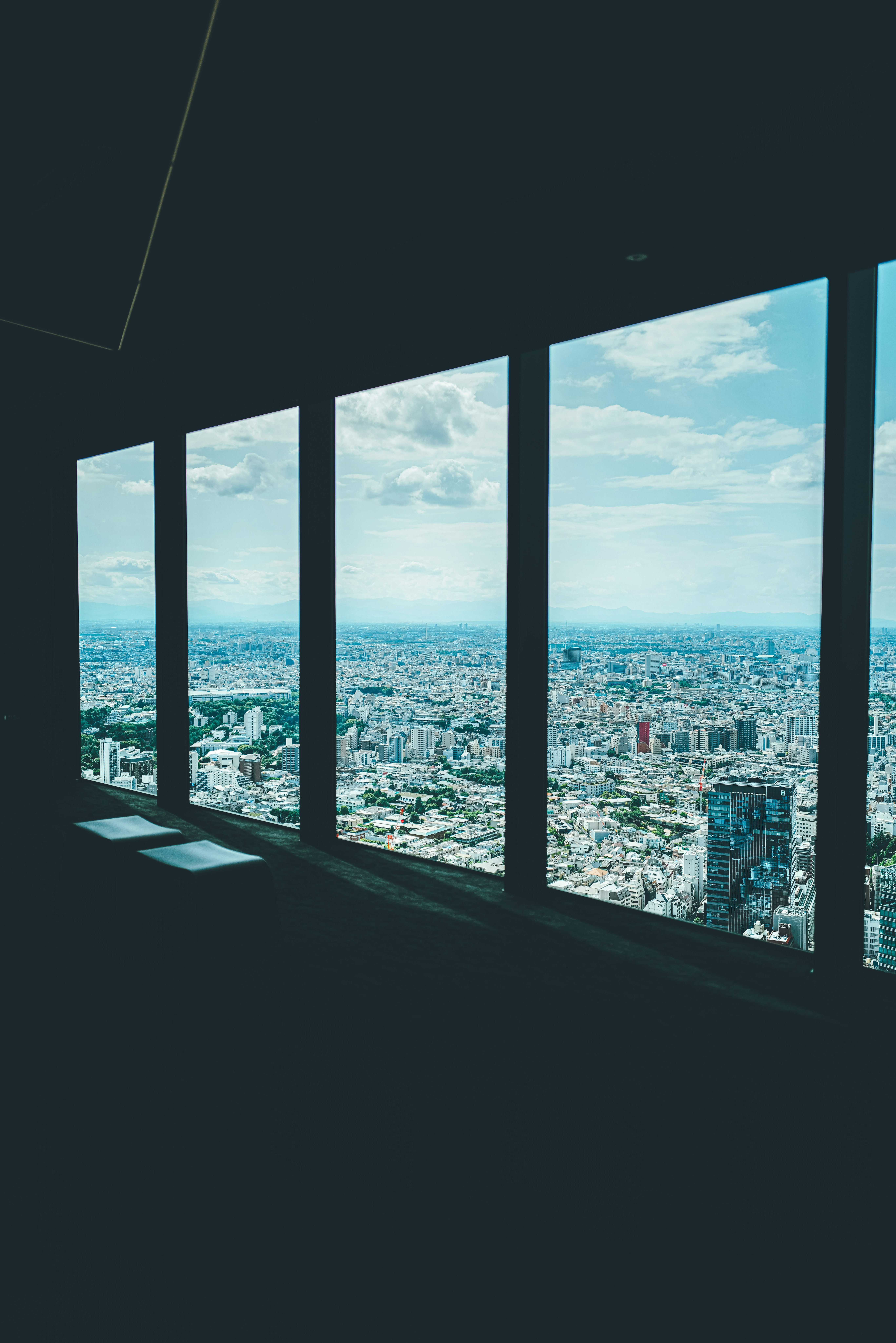 city skyline view seen through high-rise windows