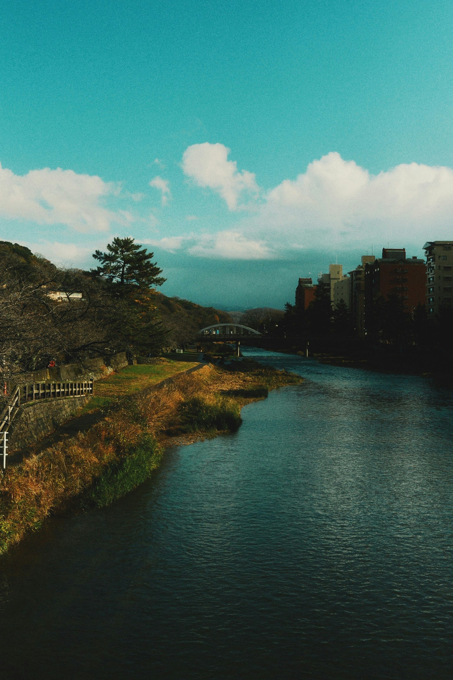 川沿いの遊歩道と橋のある風景