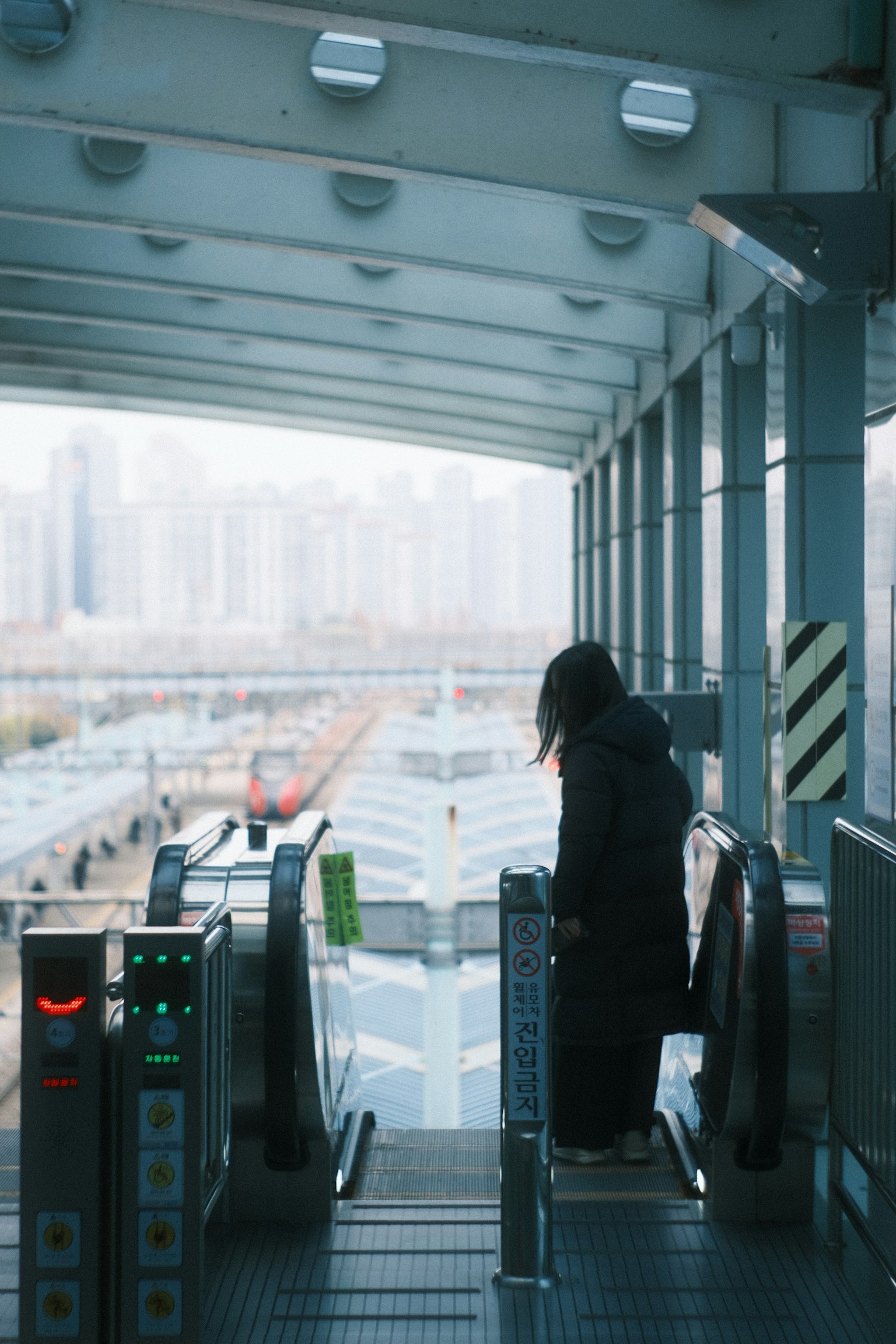 Una donna che scende un'escala mobile con uno skyline urbano sullo sfondo