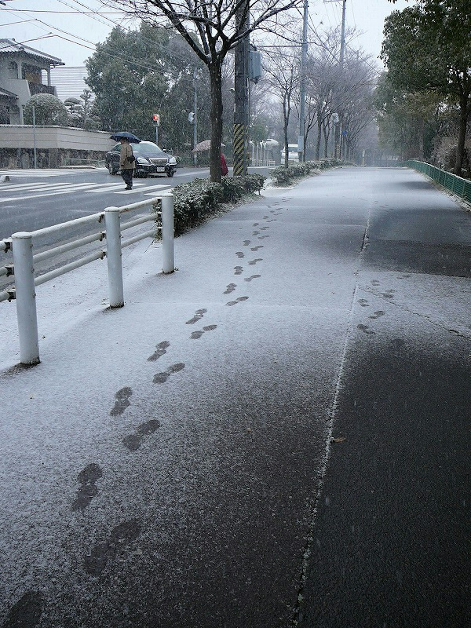 Ormeggi sulla strada innevata con paesaggio tranquillo