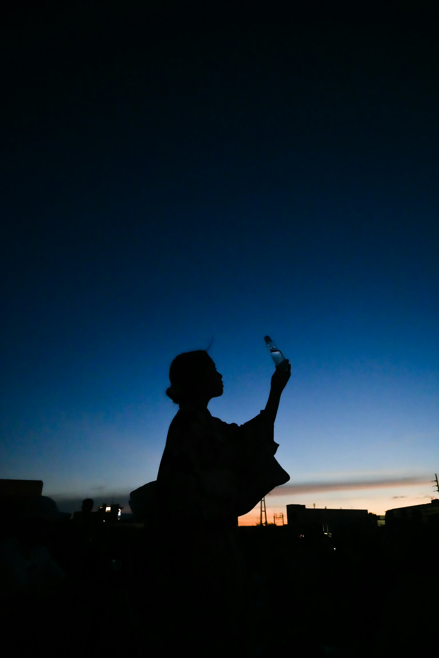 Silhouette of a person in a kimono against a twilight sky