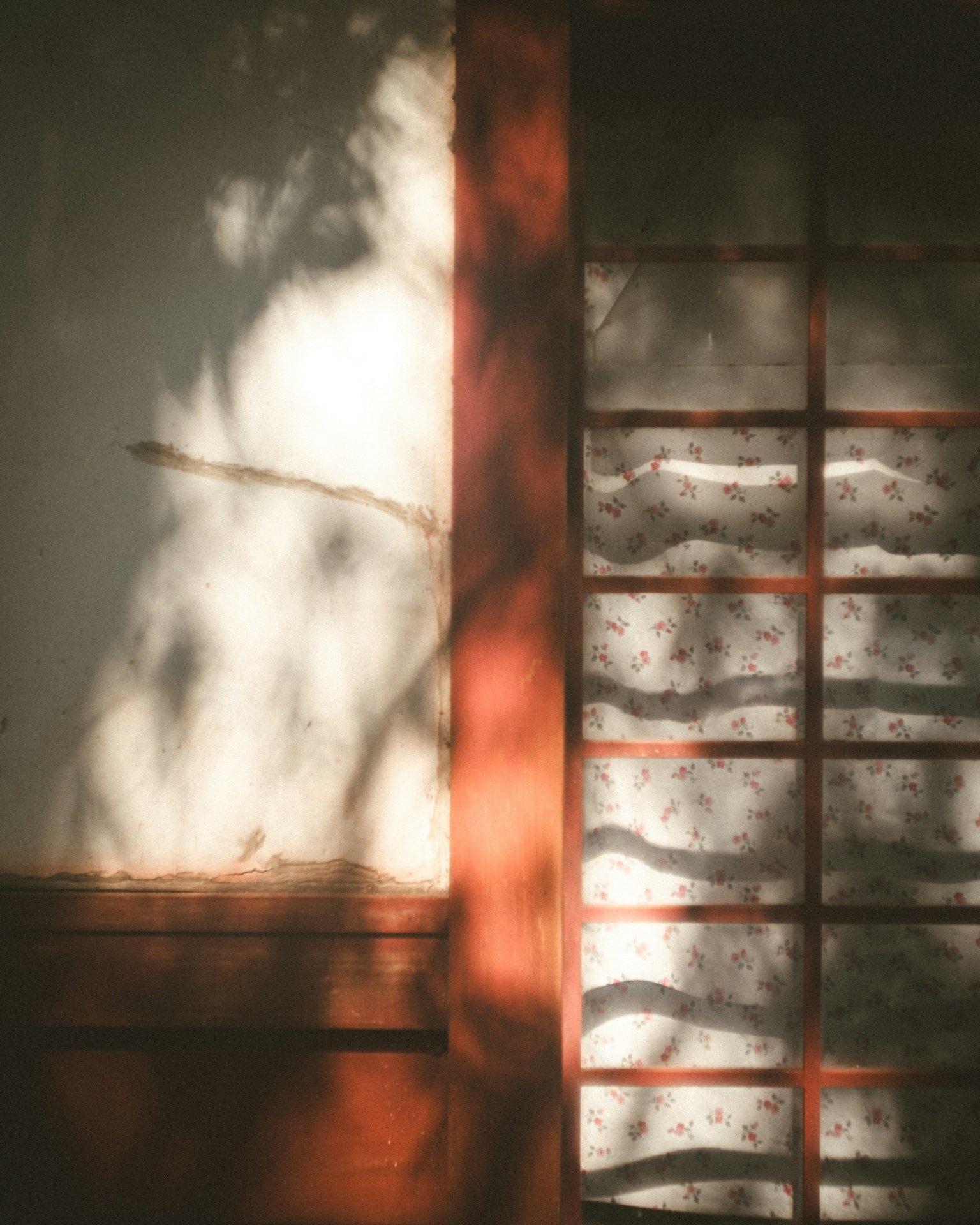 Japanese-style door with shadows and floral paper