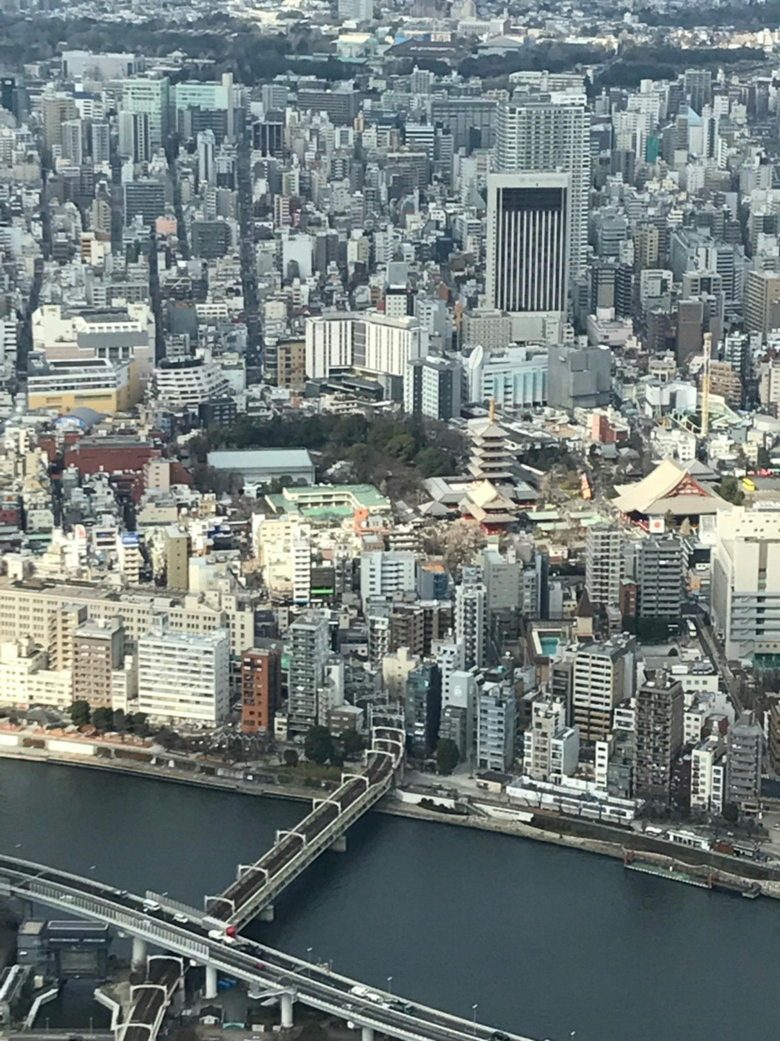 东京的高层建筑鸟瞰图，桥和河流可见