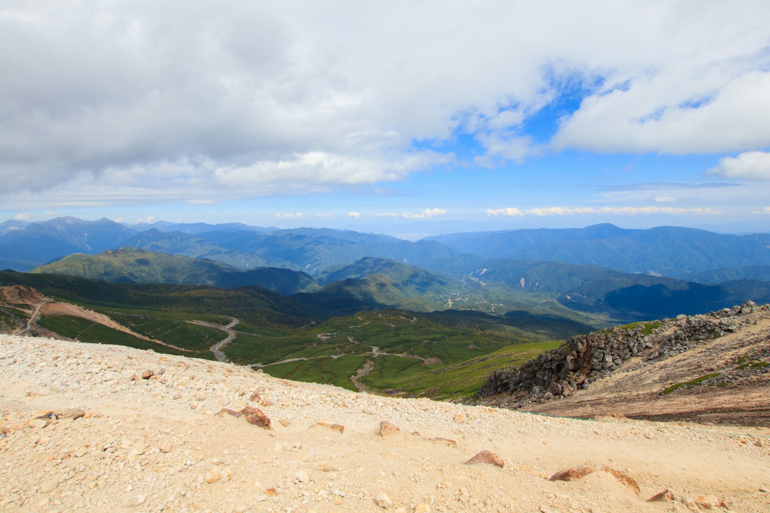 Vista escénica de montañas con cielo azul y valles verdes