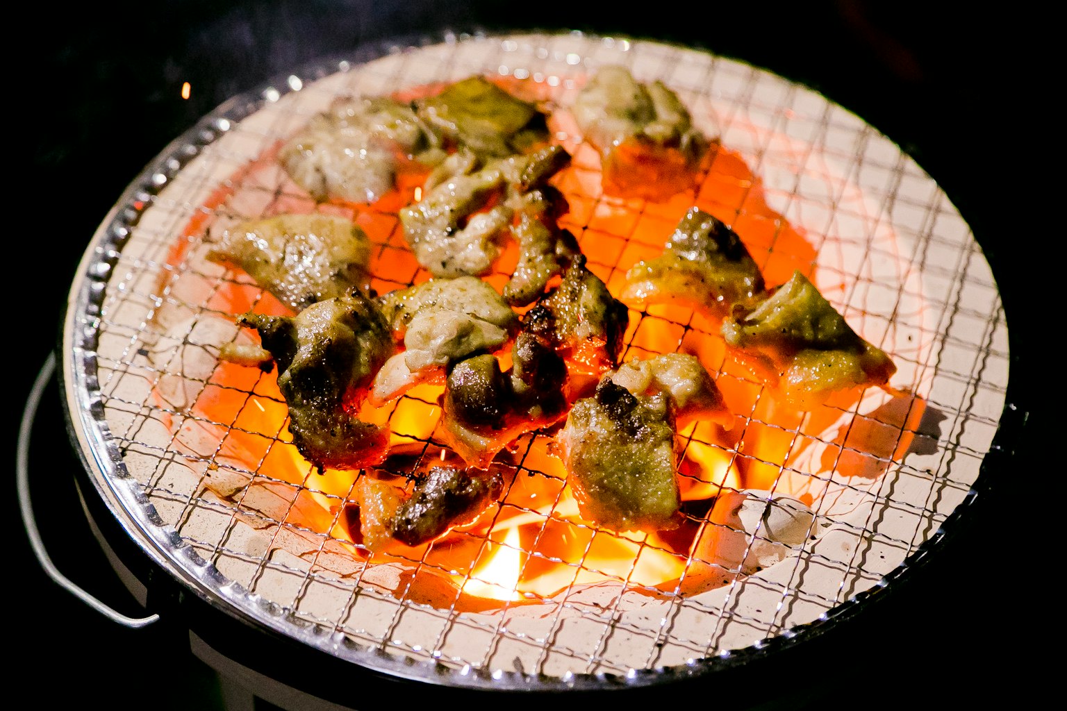 Grilled oysters arranged on a wire mesh above glowing coals