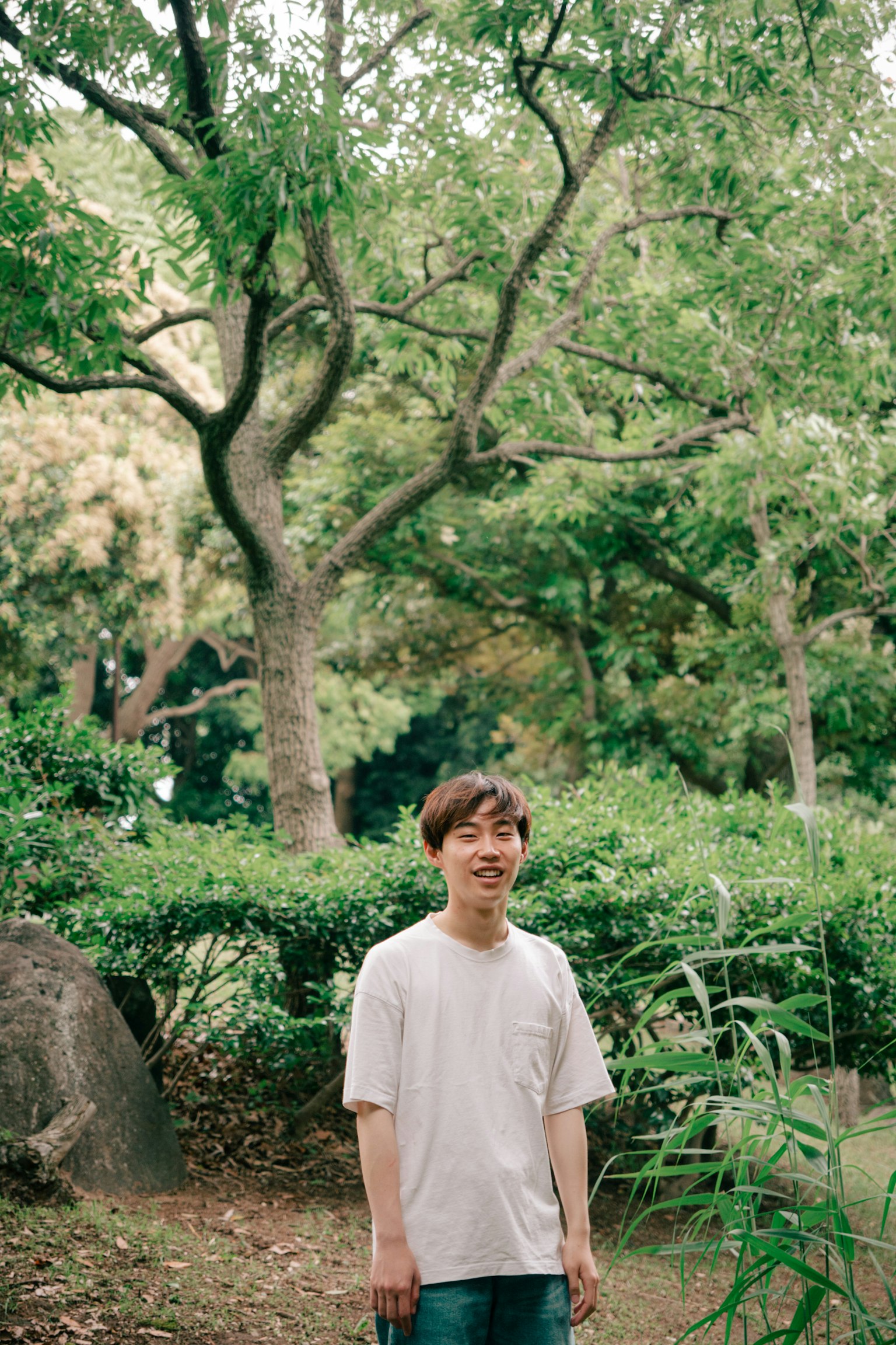 公園裡站著的男性全身照 被郁郁葱葱的綠樹環繞
