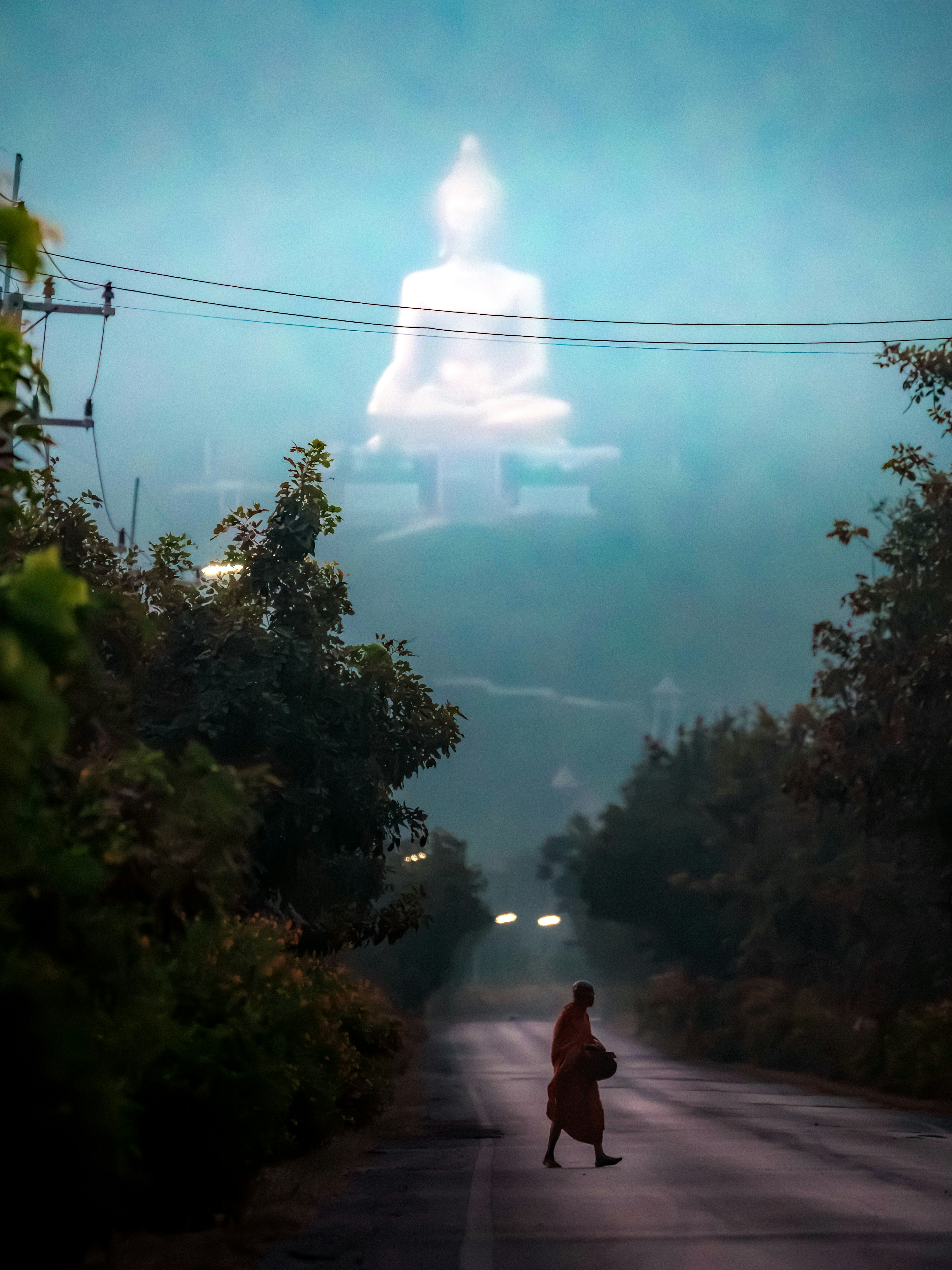 木々に囲まれた道を歩く人と遠くにそびえる白い塔のある風景
