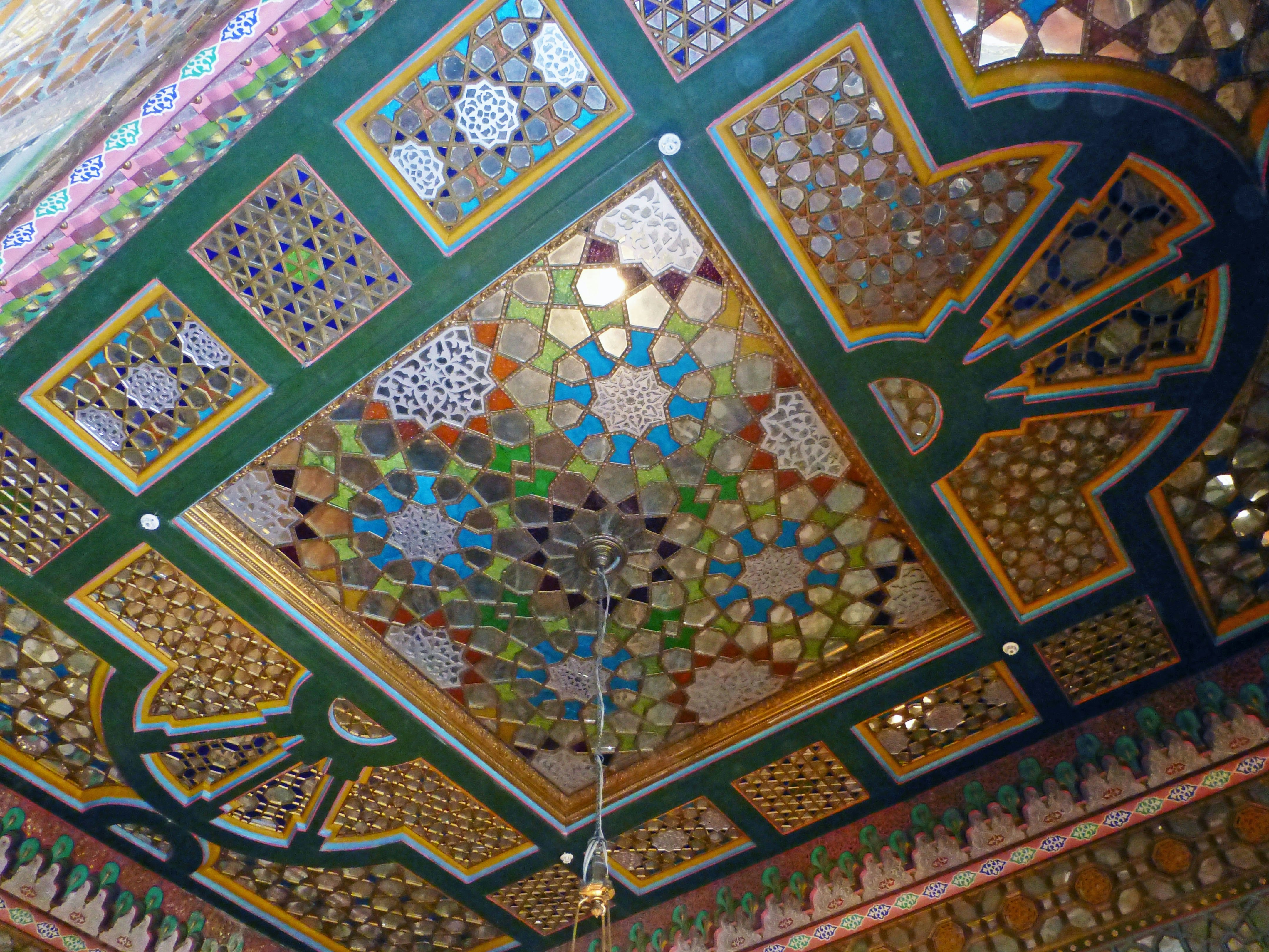 close-up of a geometric mosaic ceiling
