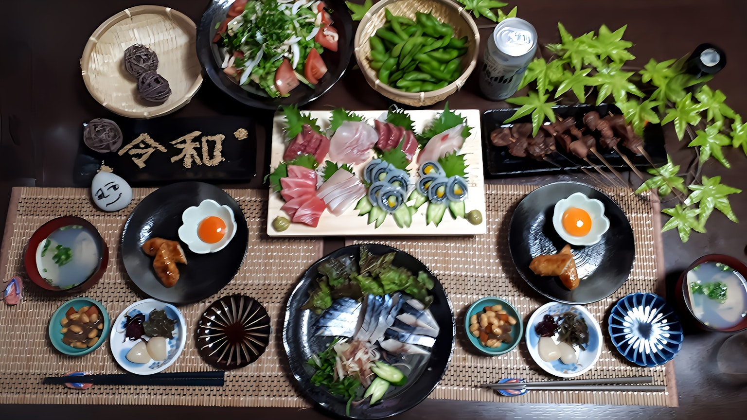 Une variété de plats japonais colorés disposés sur une table