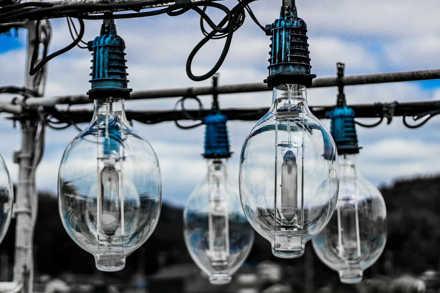 Bombillas claras con enchufes azules colgando en un entorno pintoresco