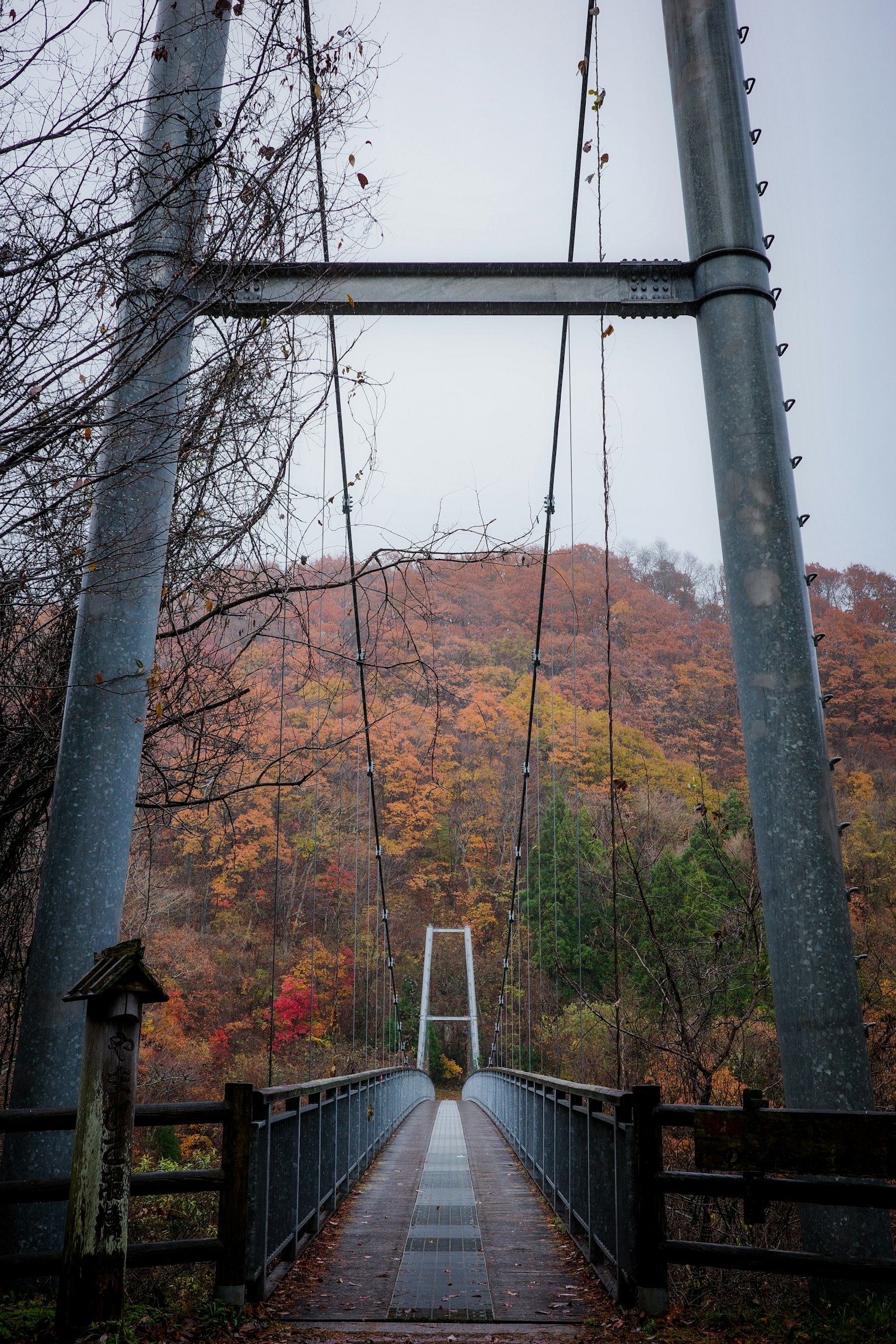 Hängebrücke mit herbstlicher Laubfärbung im Hintergrund