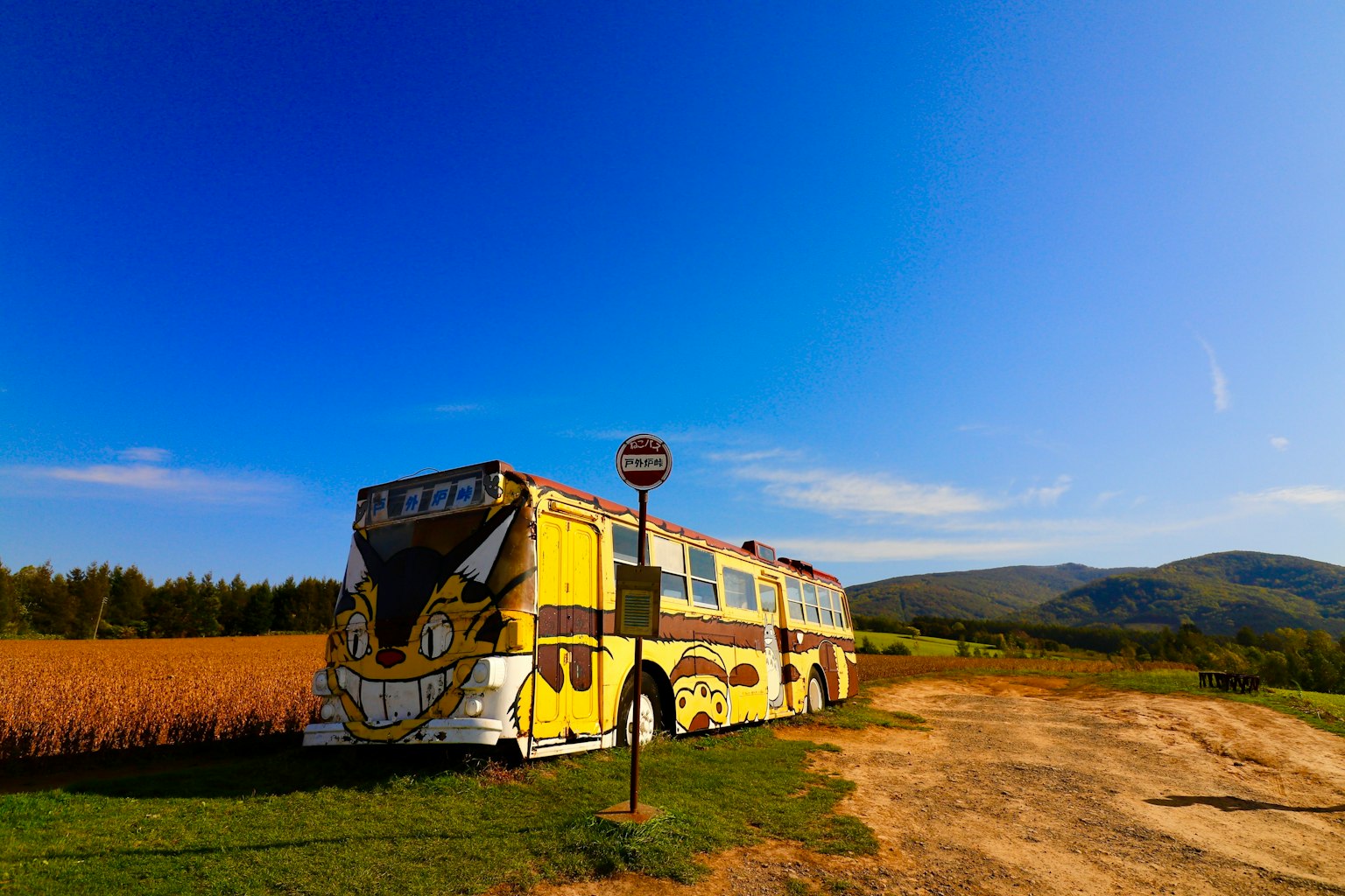 Un bus jaune garé dans un paysage rural sous un ciel bleu