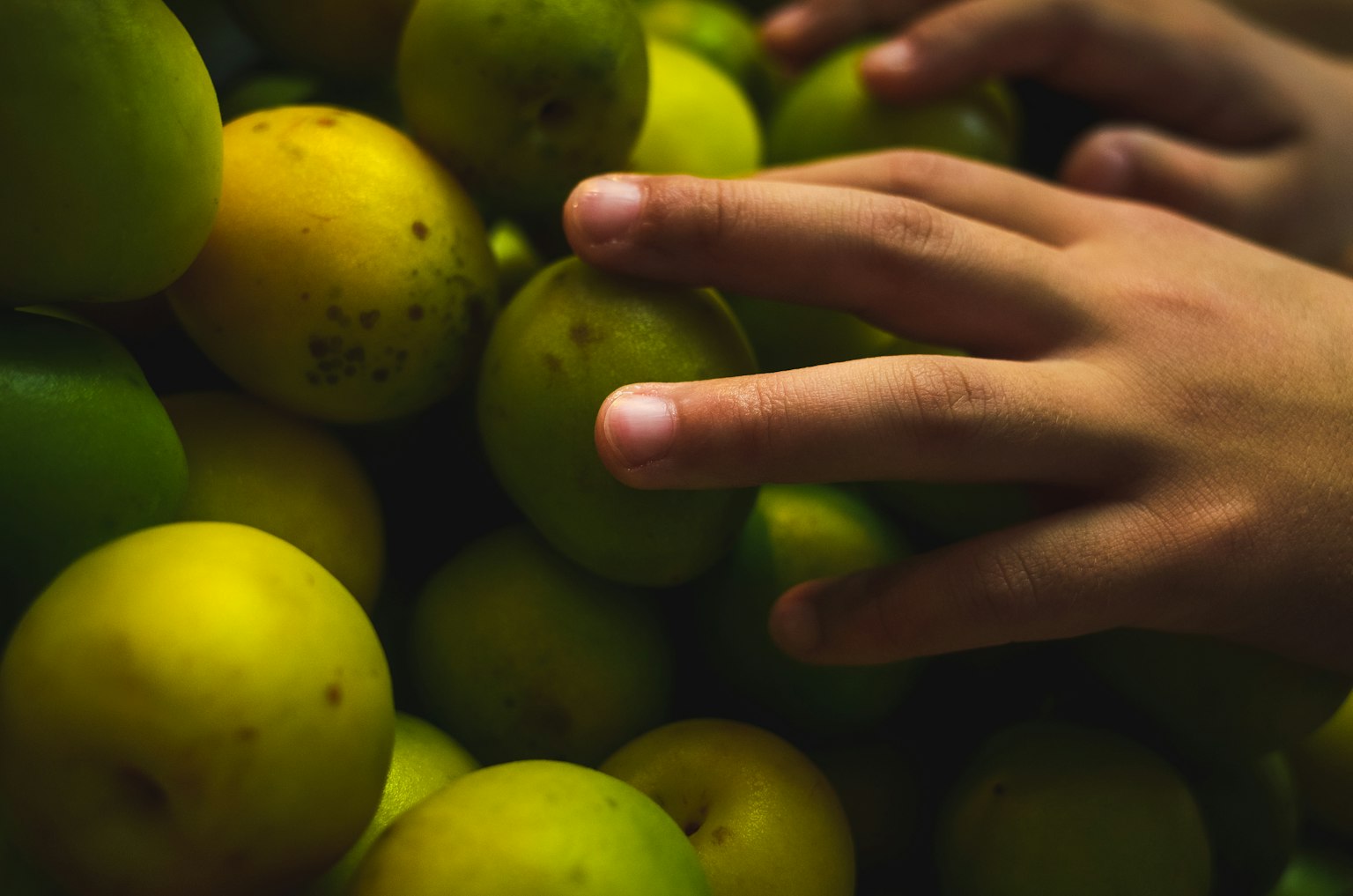 Eine Hand greift nach einem Haufen grüner Äpfel