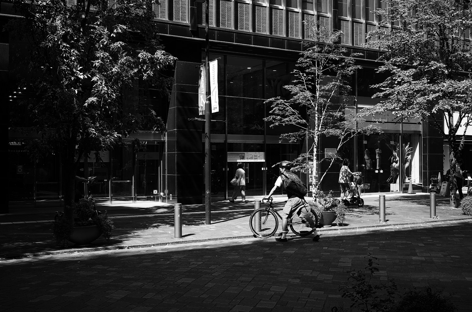 Schwarzweiß-Stadtansicht mit einer Person mit einem Fahrrad und Bäumen